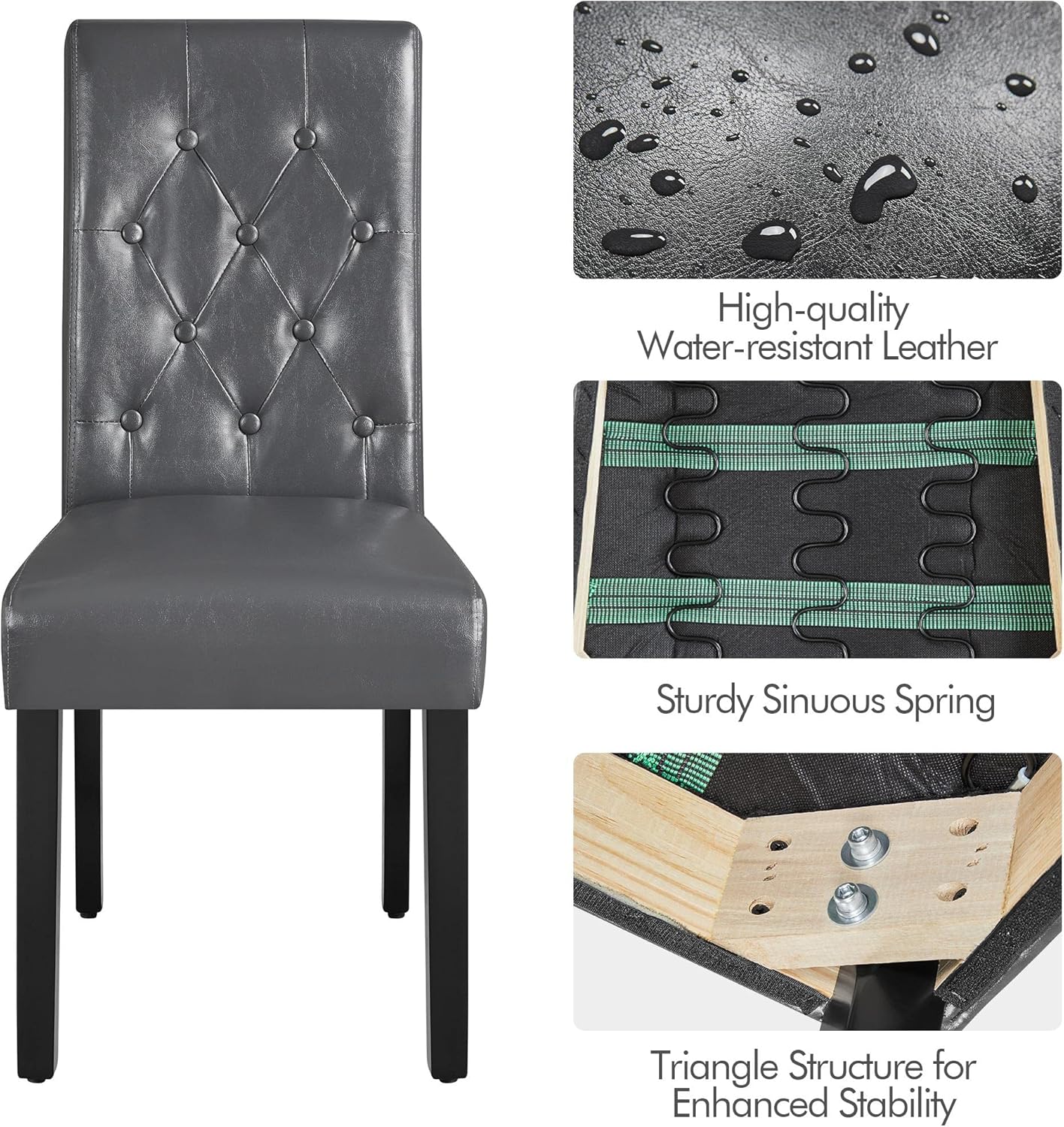 Yaheetech Dining Chairs Set of 2 Modern Style Faux Leather Dining Room Chairs with Solid Wood Legs and Button Tufted Padded for Home Kitchen, Gray