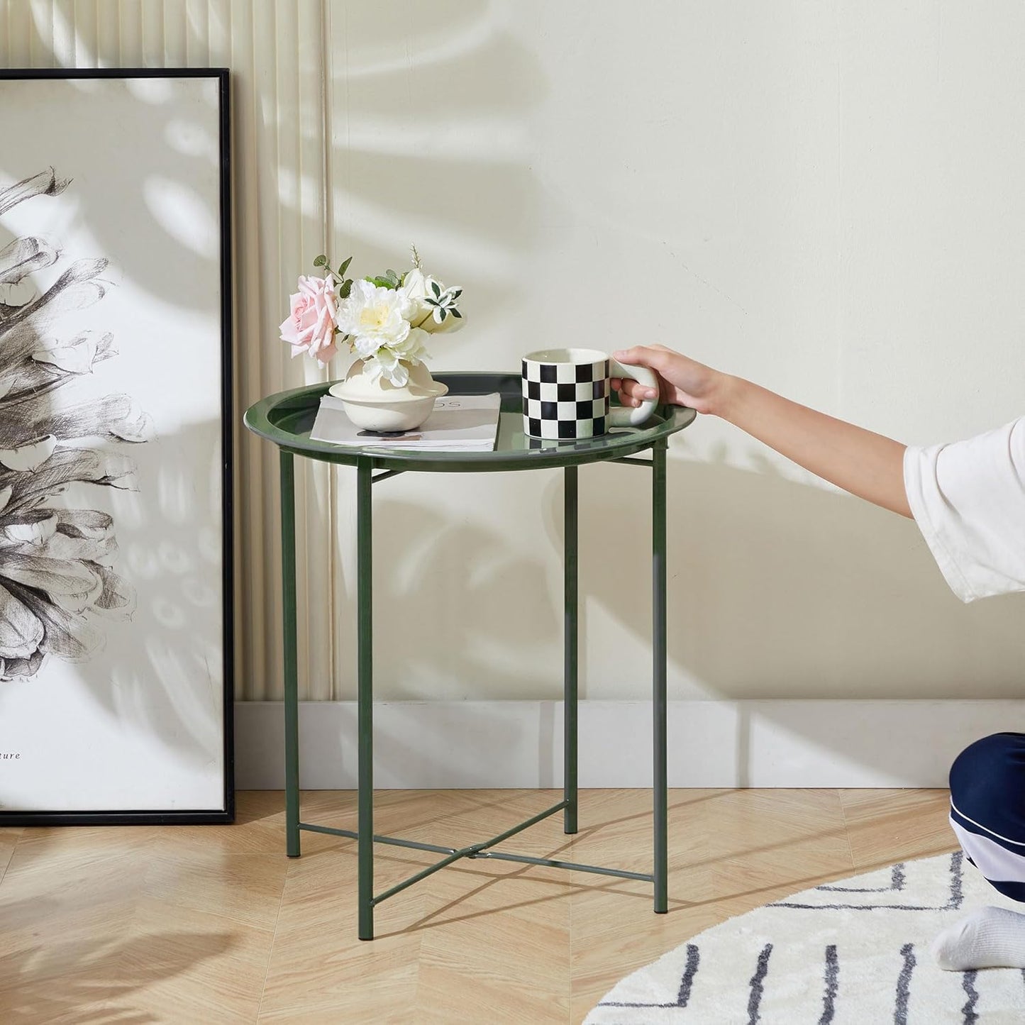 VECELO Side/End Table, Folding Round Metal Anti-Rust and Waterproof Outdoor or Indoor Tray for Living Room Bedroom Balcony and Office, 1 PCS, Dark Green