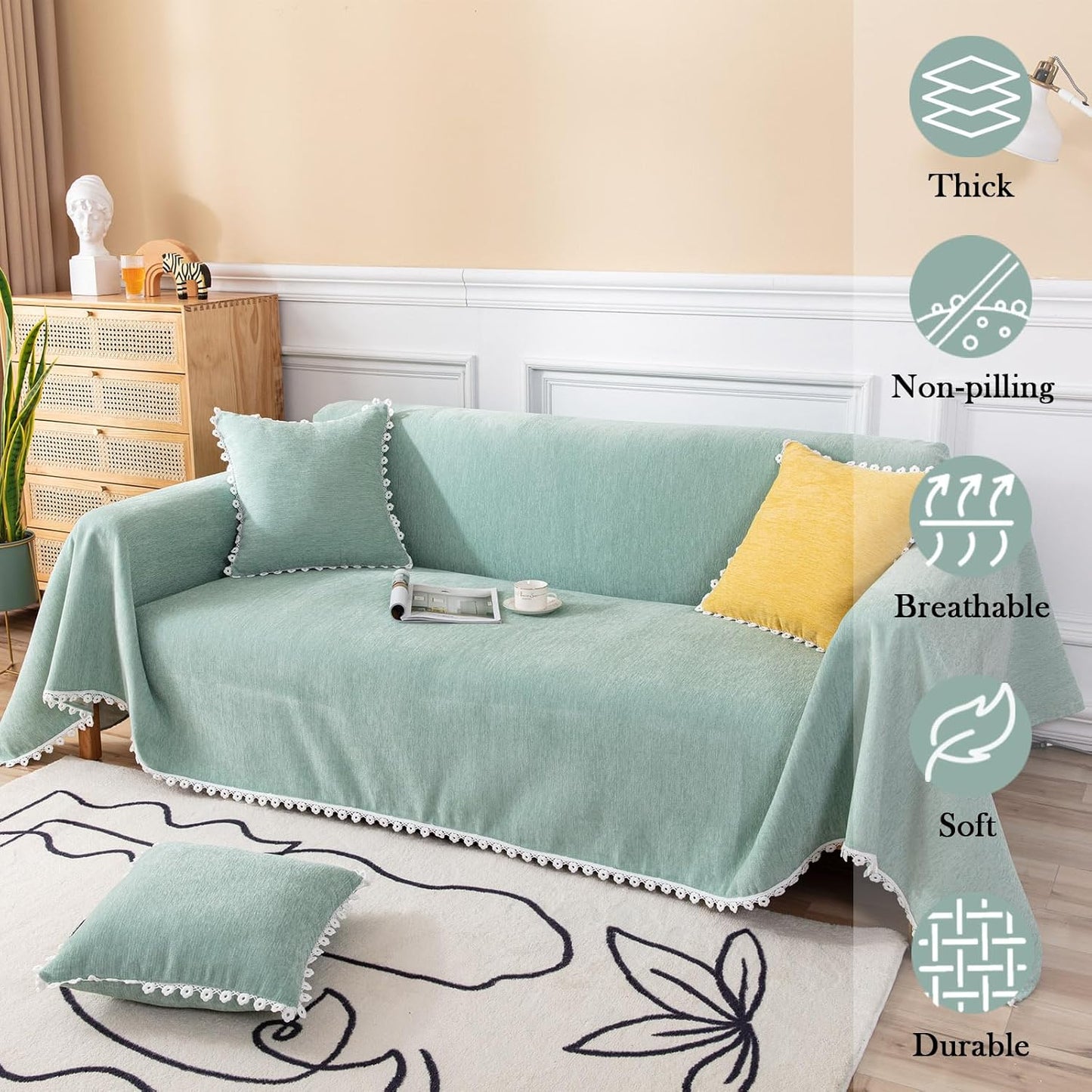 HANDONTIME Cute Sofa Covers Light Green Couch Covers for 3 Cushion Couch Sofa with White Daisy Lace Green Sofa Slipcovers Chenille Couch Cover for Dogs Sectional Sofa L Shape Futon Cover, 71" X118"