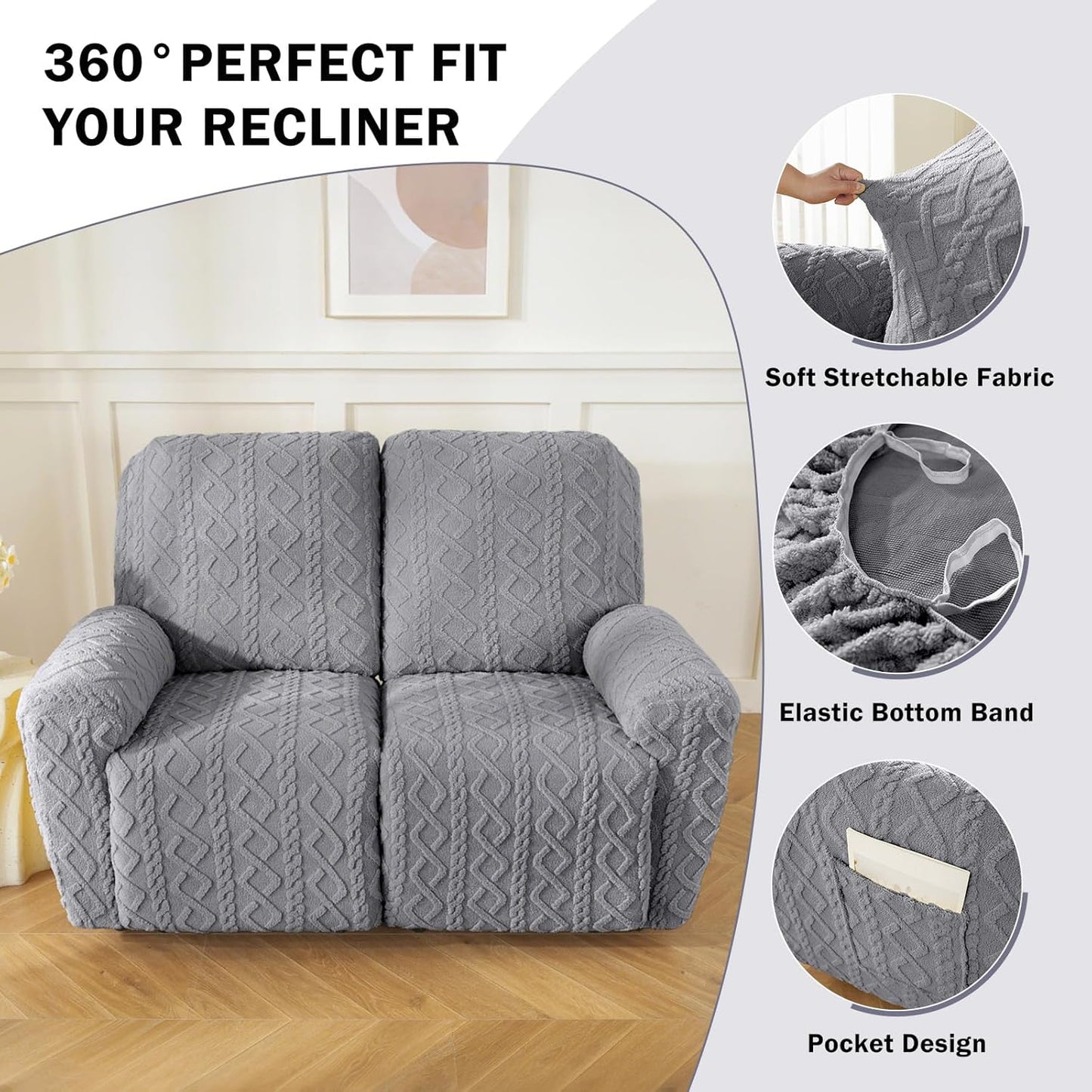 vctops 6 Pieces Geometric Jacquard Plush Recliner Loveseat Slipcovers Soft Fuzzy Fluffy Sofa Couch Cover Anti-Slip Furniture Protector with Elastic Bottom for Kids Cats Dogs(Grey,2 Seat)