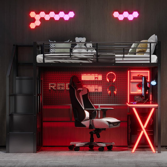 Merax Full Size Metal Loft Bed with Built-in Work Station, Wardrobe, Storage Staircase and LED, Gaming Bed for Kids Teens Adults, Full-Length Guardrails, No Box Spring Needed, Black