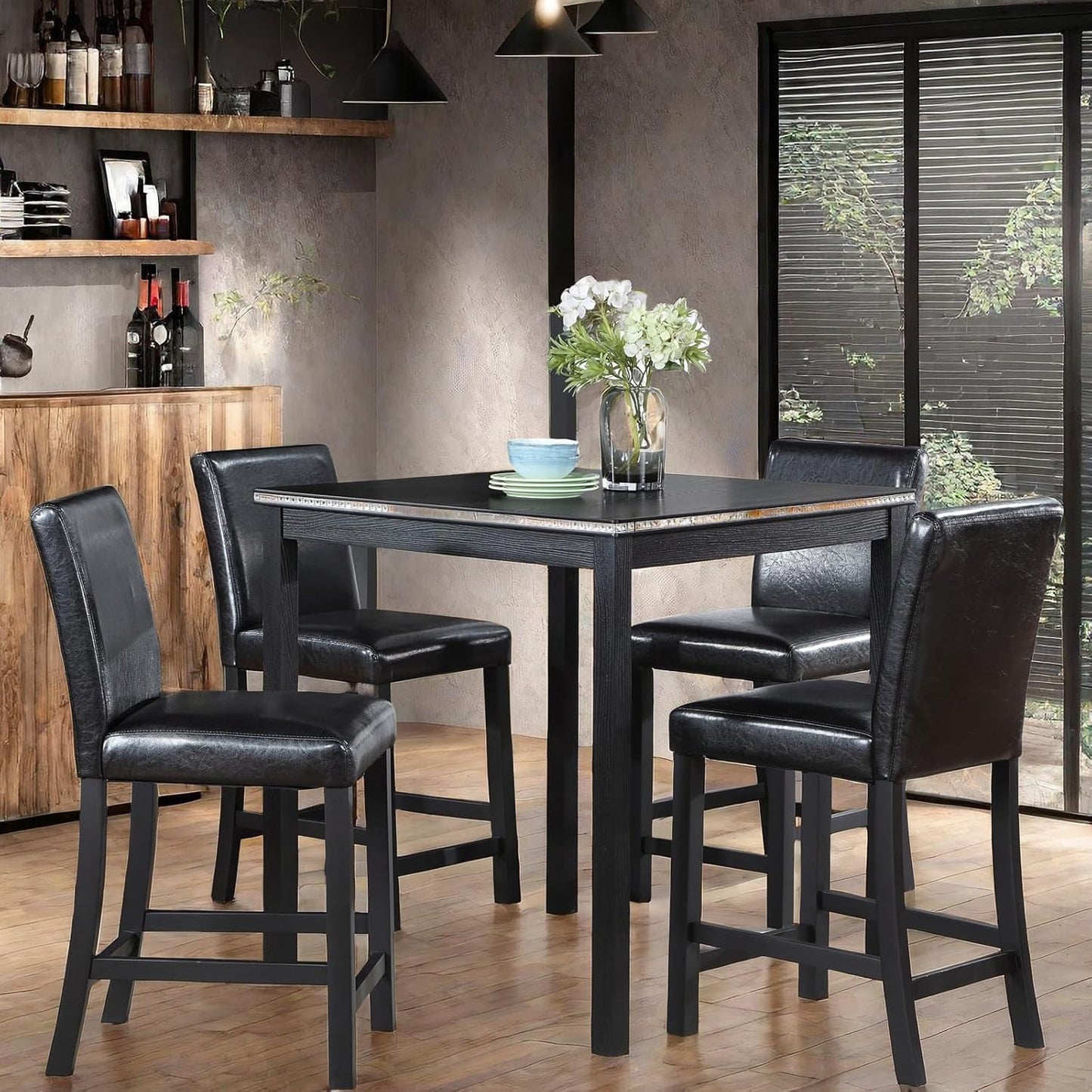 5PCS Wooden Counter Height Table Set, Square Table and 4 Upholstered Chairs, Dining Table with Crystal Decoration, for Kitchen, Dining Room,Black
