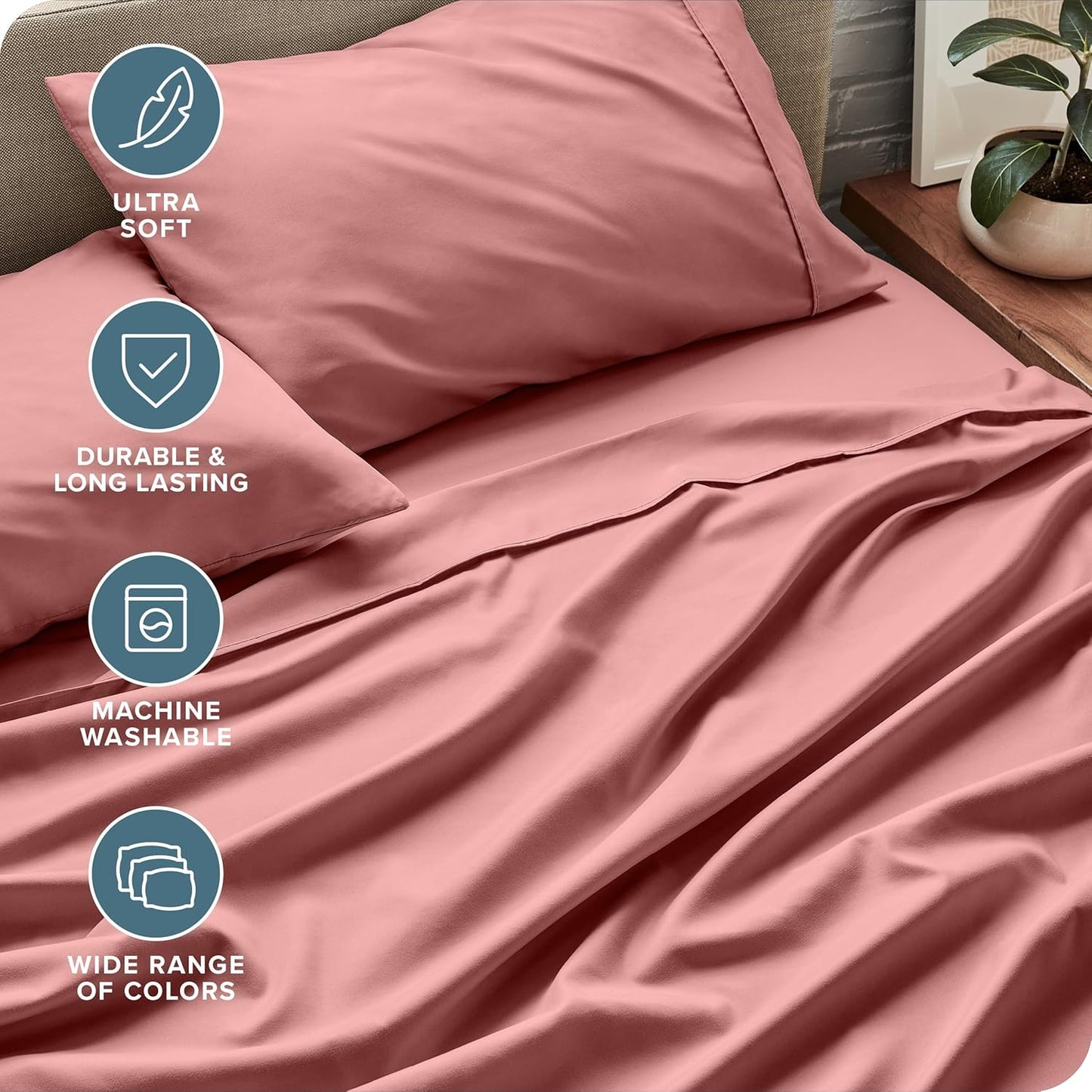 Bare Home Twin XL Sheet Set - 1800 Ultra-Soft Microfiber Twin Extra Long Sheets - Double Brushed - Deep Pockets - Easy Fit - Extra Soft - 3 Piece Set - Bed Sheets & Pillowcases (Twin XL, Dusty Rose)