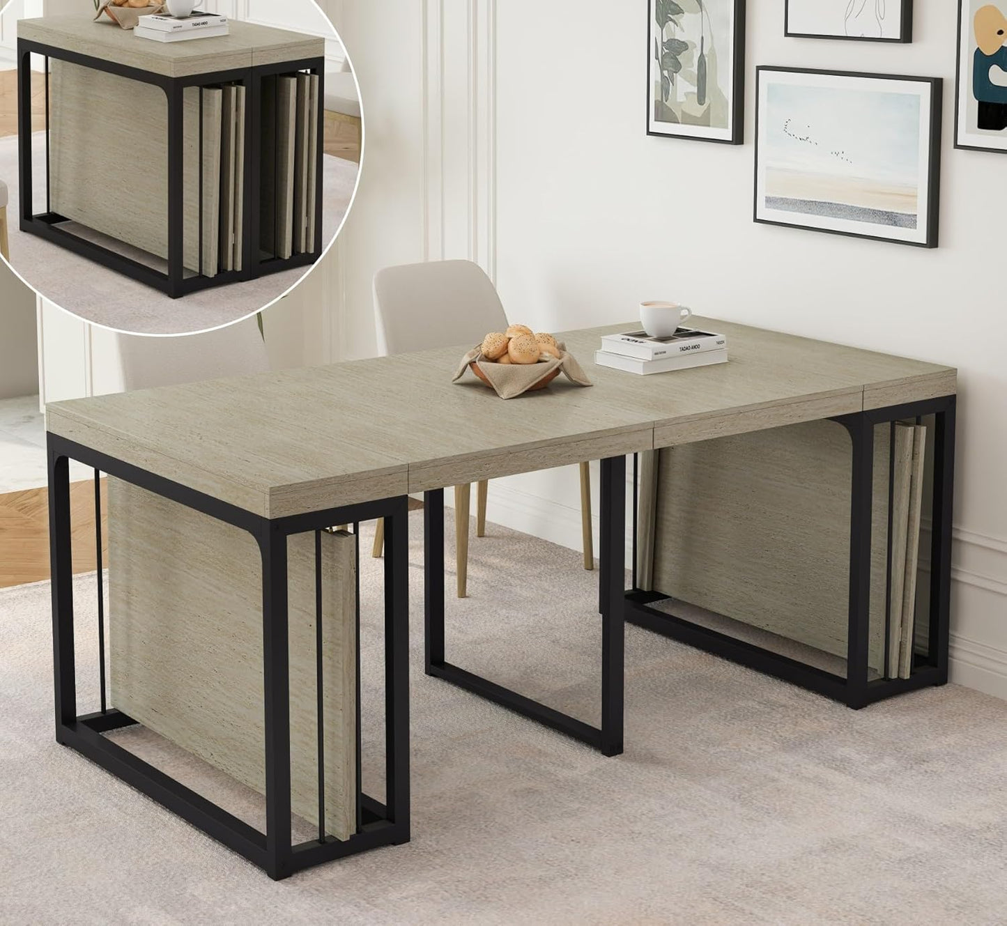 KEIKI 23.62" - 118" L Extendable Foldable Dining Room Table for 2-10 People, Wood Modern Rustic Rectangle Expandable Kitchen Living Meeting Room Furniture, 5 Tabletop Length Options