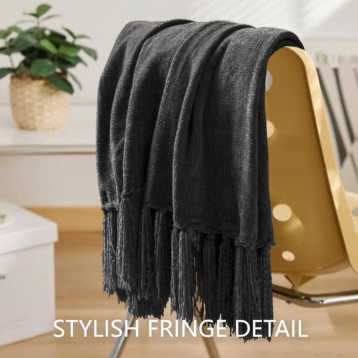 Chenille Throw Blanket for Couch 60"X 80" Twin, Soft Cozy Throws with Fringe Tassel for Bed Sofa Chair Cover, Lightweight Knitted Decorative Boho Blankets for Living Room, Dark Grey