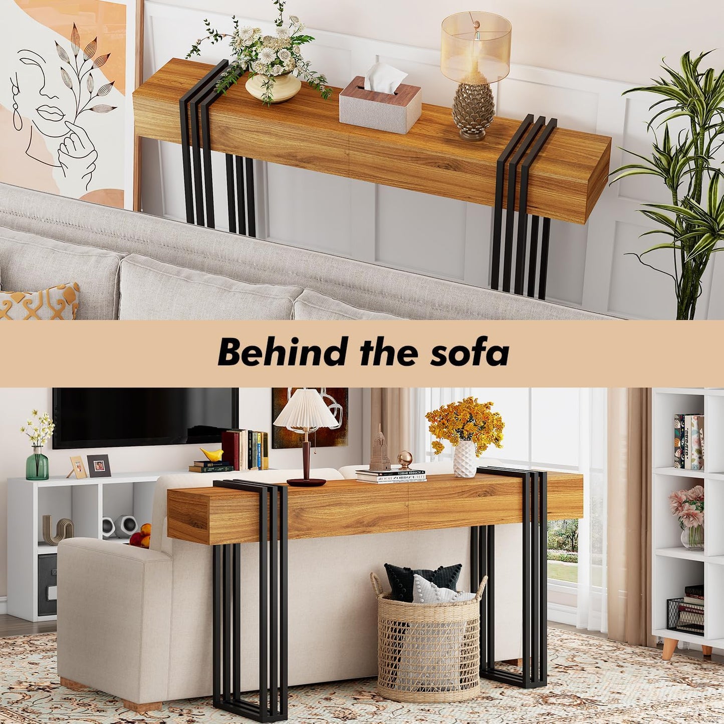 63 Inch Long Console Table, Industrial Sofa Table Behind The Couch Rectangular Entryway Table for Entrance Hallway Living Room, Brown