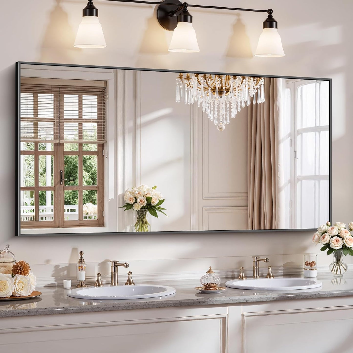 YIROMAN Bathroom Mirror 60"x30", Large Matte Black Bathroom Mirror for Over Sink with Aluminum Frame, Rectangular Vanity Mirror with Right Angle, Wall Mirror Hangs Horizontal or Vertical, Shatterproof