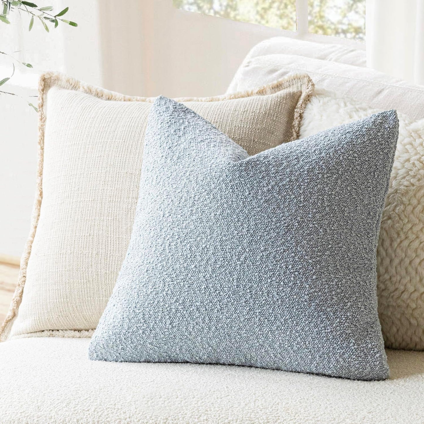 Foindtower Pack of 2 Modern Textured Boucle Throw Pillow Covers Accent Solid Decorative Pillow Cases Cozy Woven Couch Cushion Case for Chair Sofa Bed Living Room Home Decor, 20 x 20 Inch, Light Blue