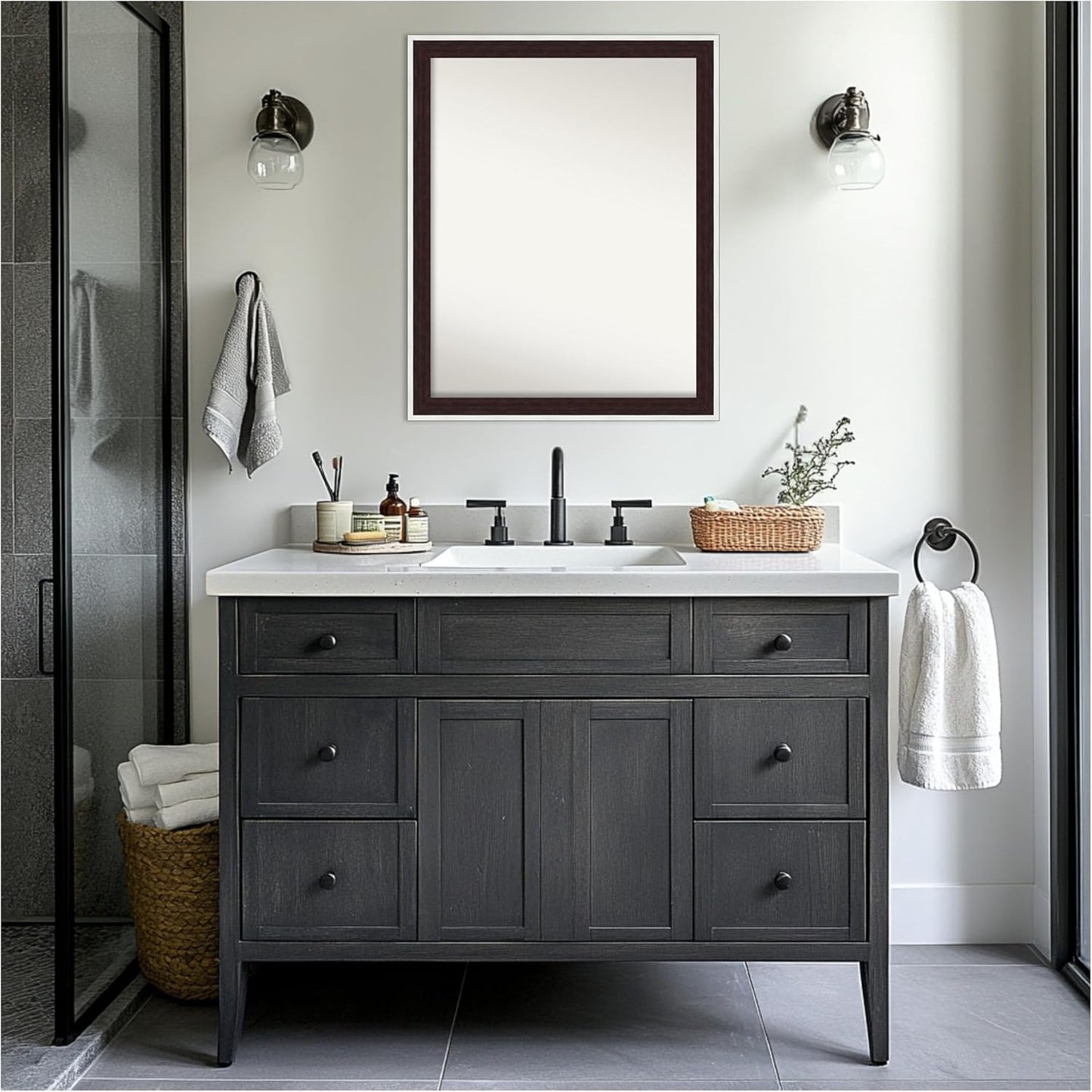 Amanti Art Bathroom Mirror for Over Sink, 25x31 Maya Espresso Silver Rectangle Vanity Mirror, Large Modern Contemporary Frame, Hangs Horizonally and Vertically, Bathroom Wall Decor, Non-Beveled Edge