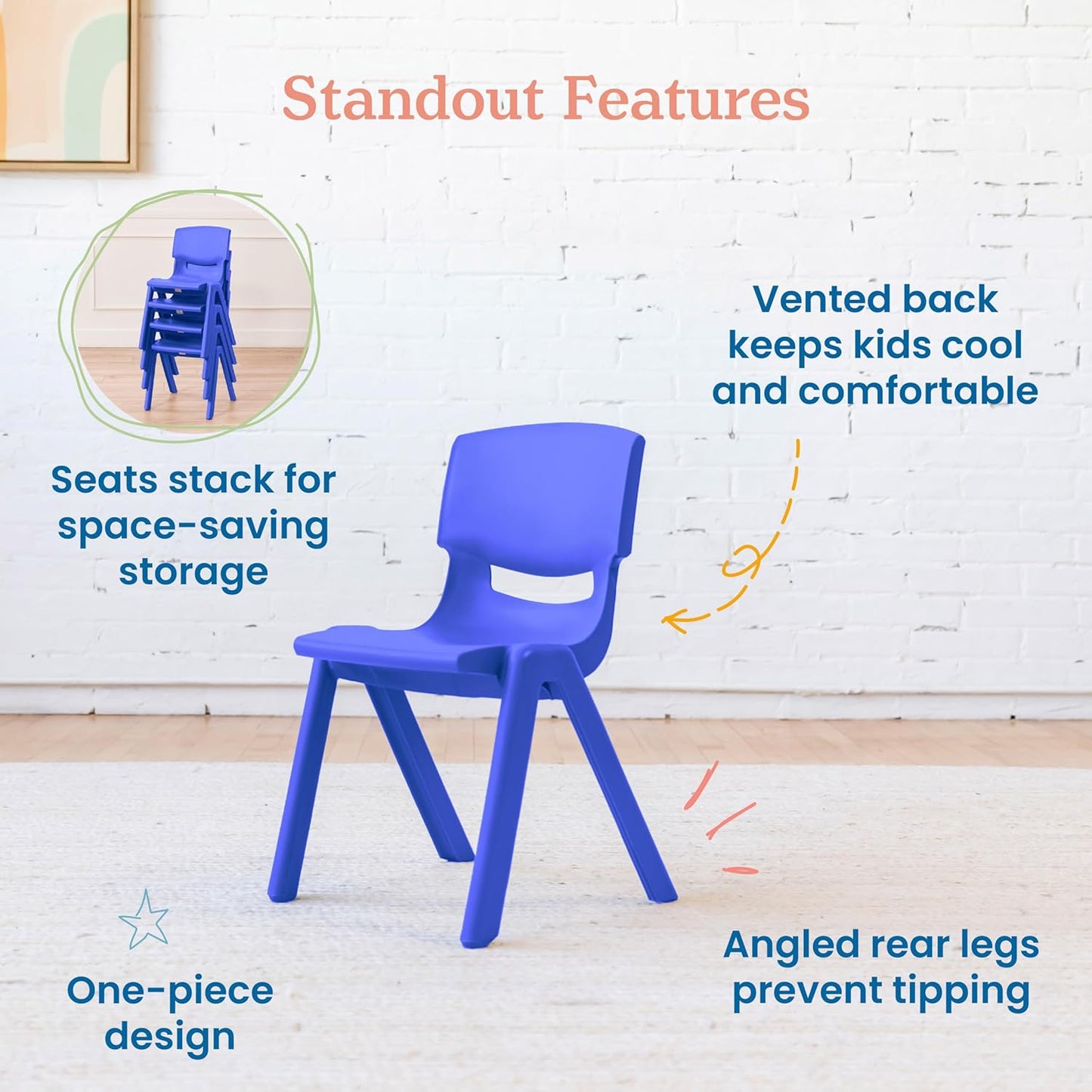 ECR4Kids 14in Plastic School Stack Chair, Classroom Furniture, Blue, 4-Pack