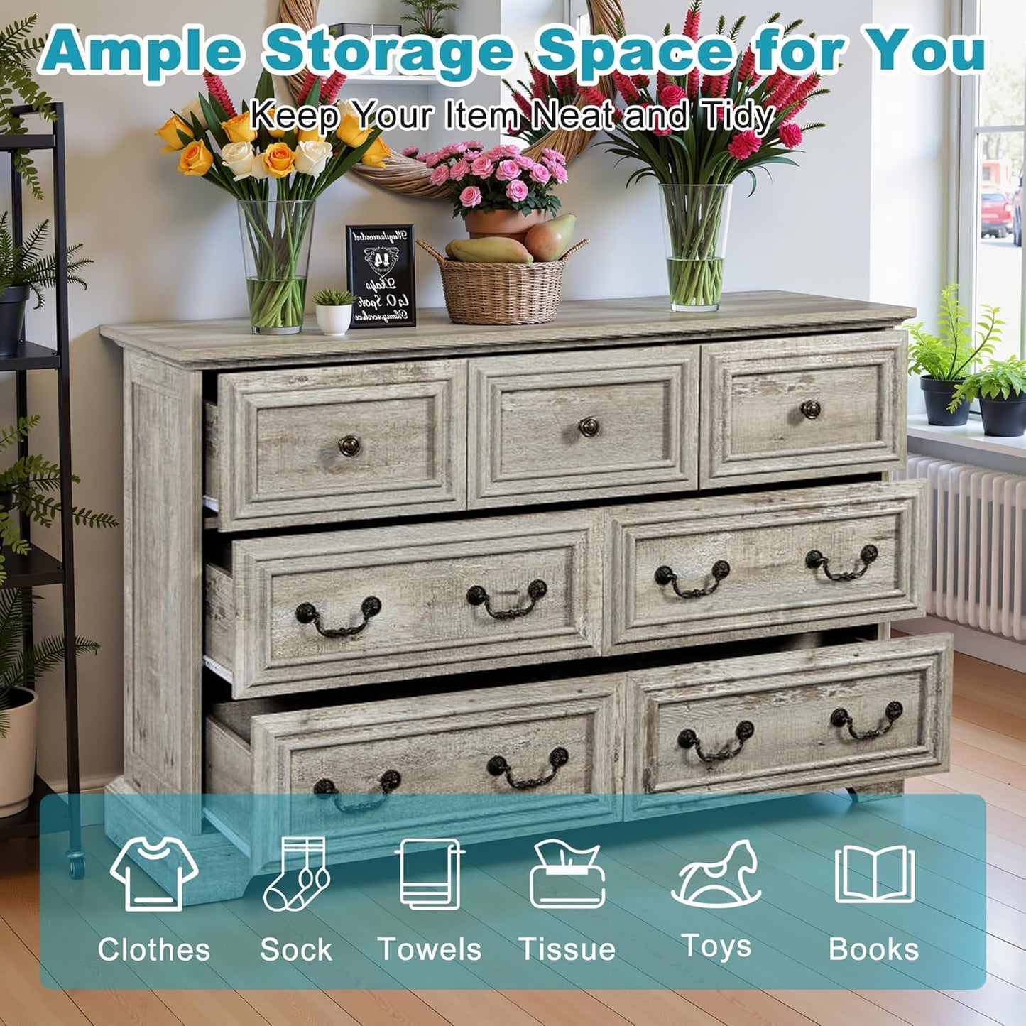 47.2" Farmhouse Sideboard Buffet Cabinet with Storage, Kitchen Buffet Storage Cabinet with 7 Drawers, Modern Wood Accent Sideboard for Living Room, Kitchen, Hallway(Ancient Oak)