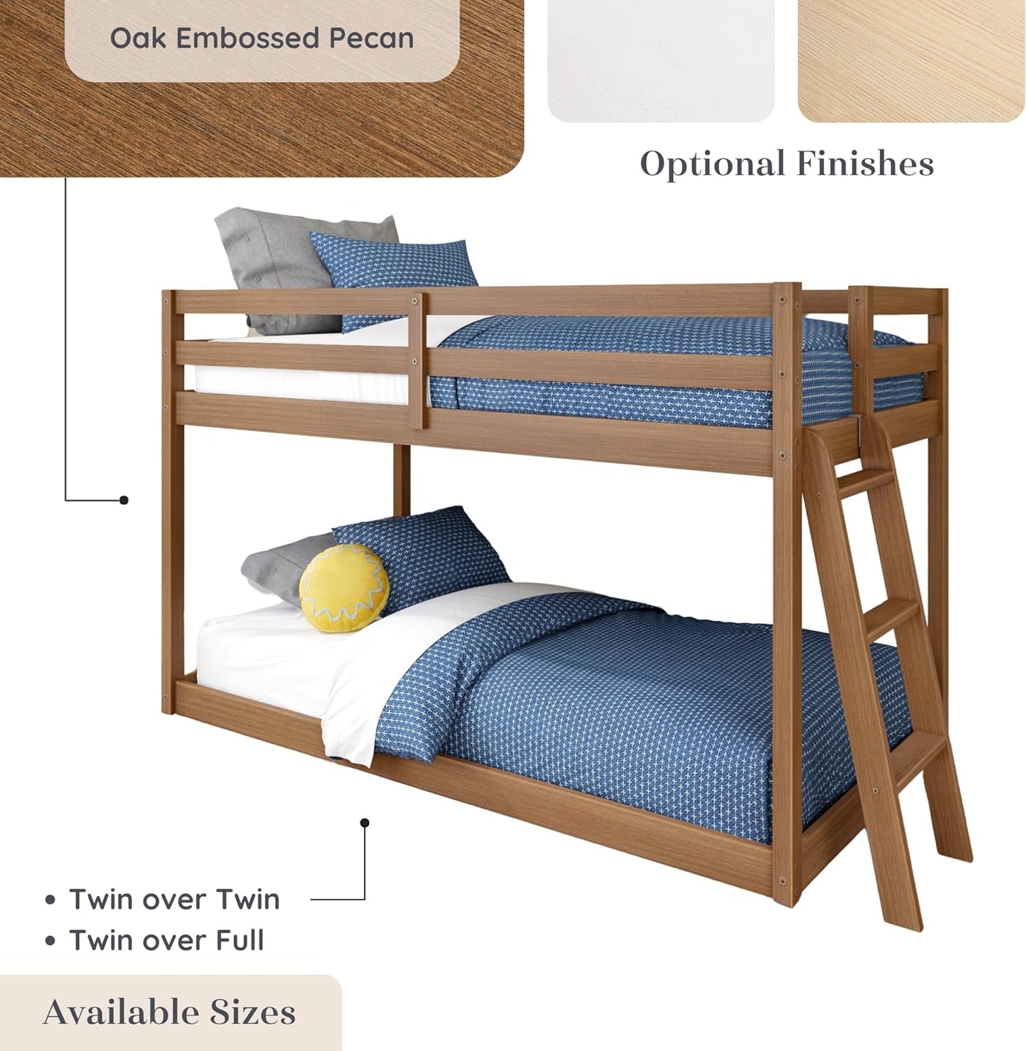 Grain & Grove Bear Twin Over Twin Bunk Bed, Low Bunk Bed Frame for Kids, Bunk with Ladder, Guardrail, and Slats, No Box Spring Required, Oak Embossed Pecan