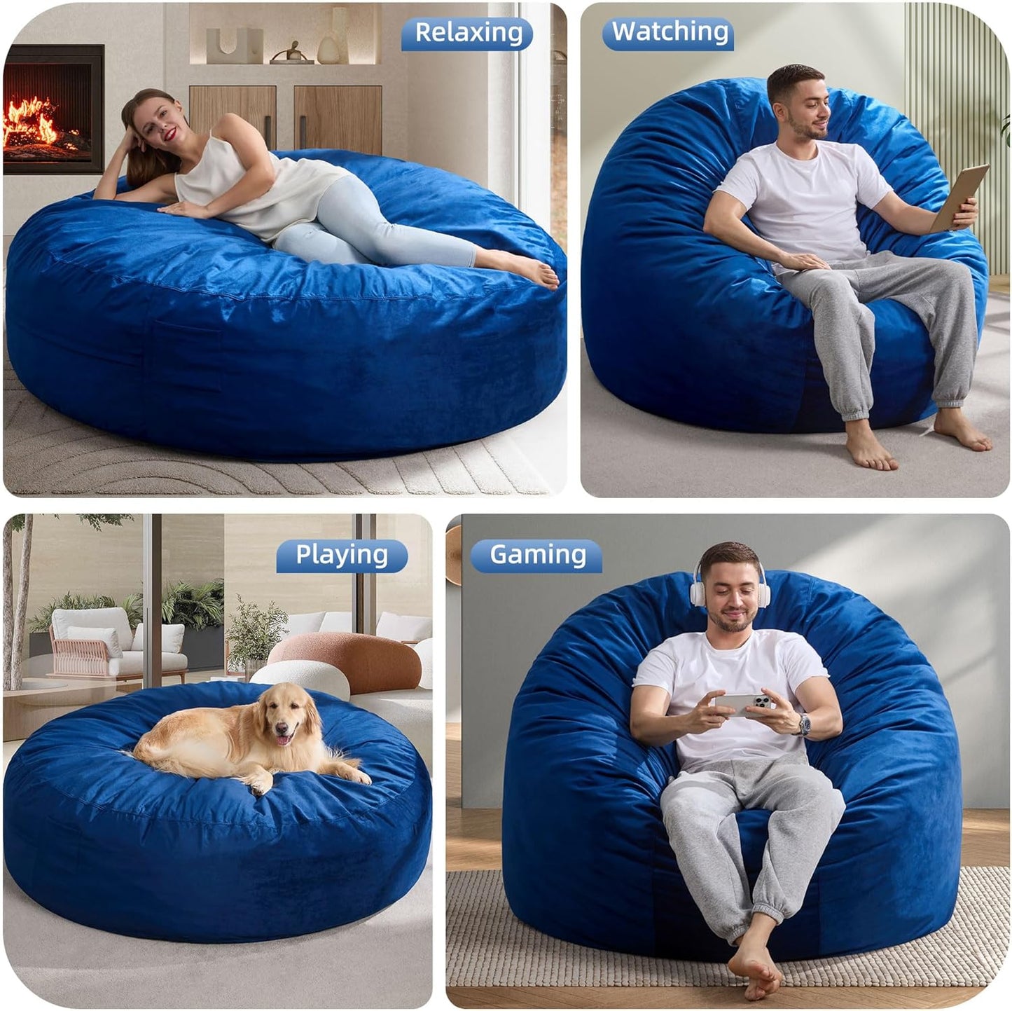 Hobestluk 6FT Bean Bag Chair Bean Bag Chairs for Adults Giant Bean Chairs with Velvet Cover, Memory Foam BeanBag Chair Fluffy BeanBag Chairs for Living Room, Bedroom- Blue (70" x 70" x 15")