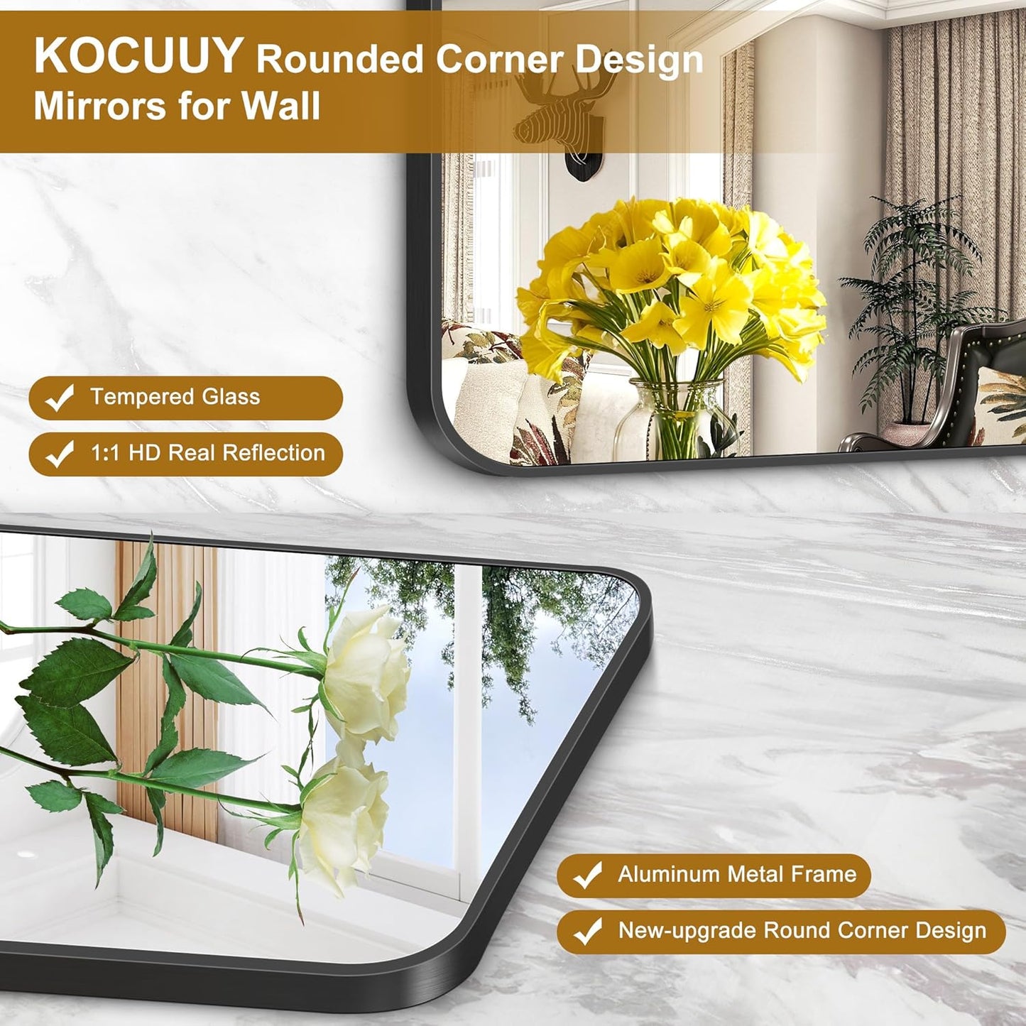 KOCUUY 30x36 Inch Rectangle Bathroom Mirror with Black Metal Frame,Modern Design of Wall Mounted Upgraded Shatterproof Glass, Rounded Corners for Bedroom, Living Room, Entryway
