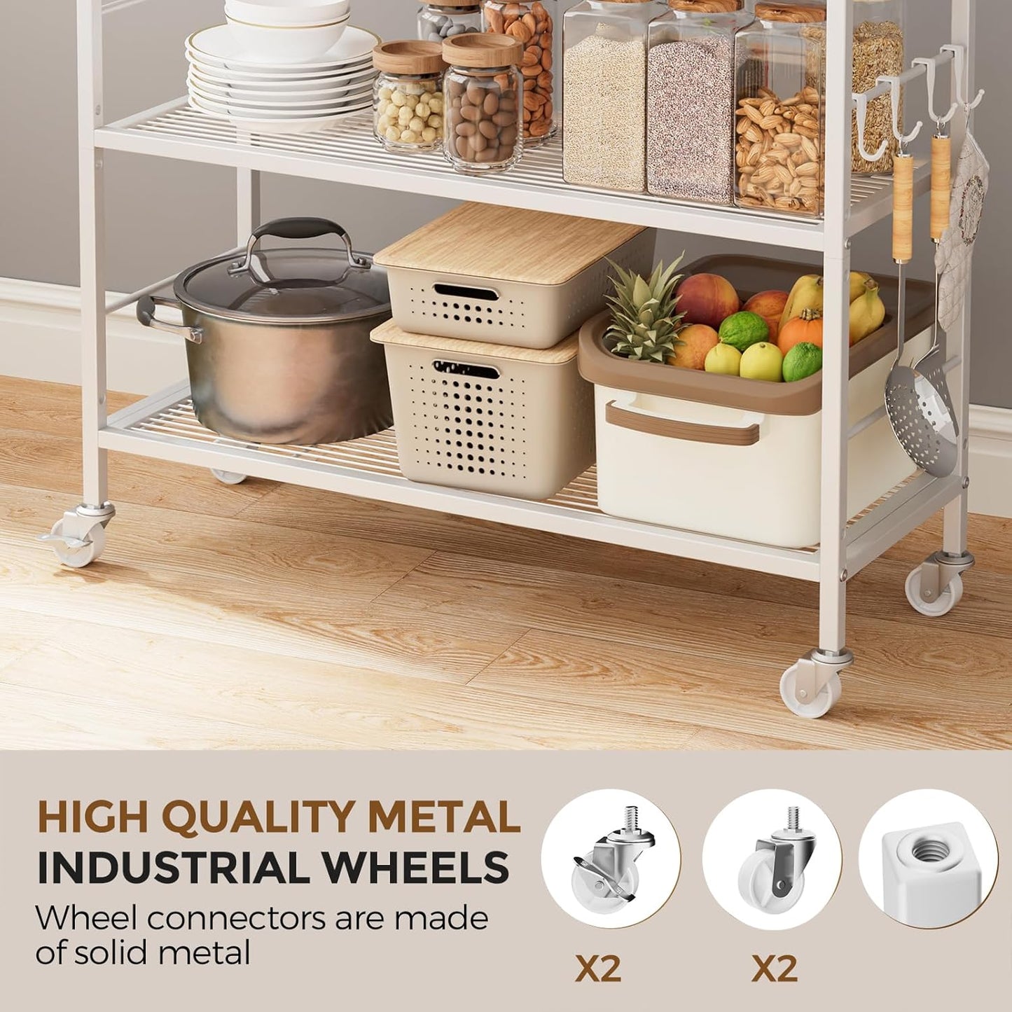3-Tier Metal Storage Rack with Industrial Wheels,Mesh Shelving Unit with Wooden Table top,Adjustable Shelf,31.5-Inch Width, for Kitchen, Laundry,Pantry,Plant,Oak panel and white frame