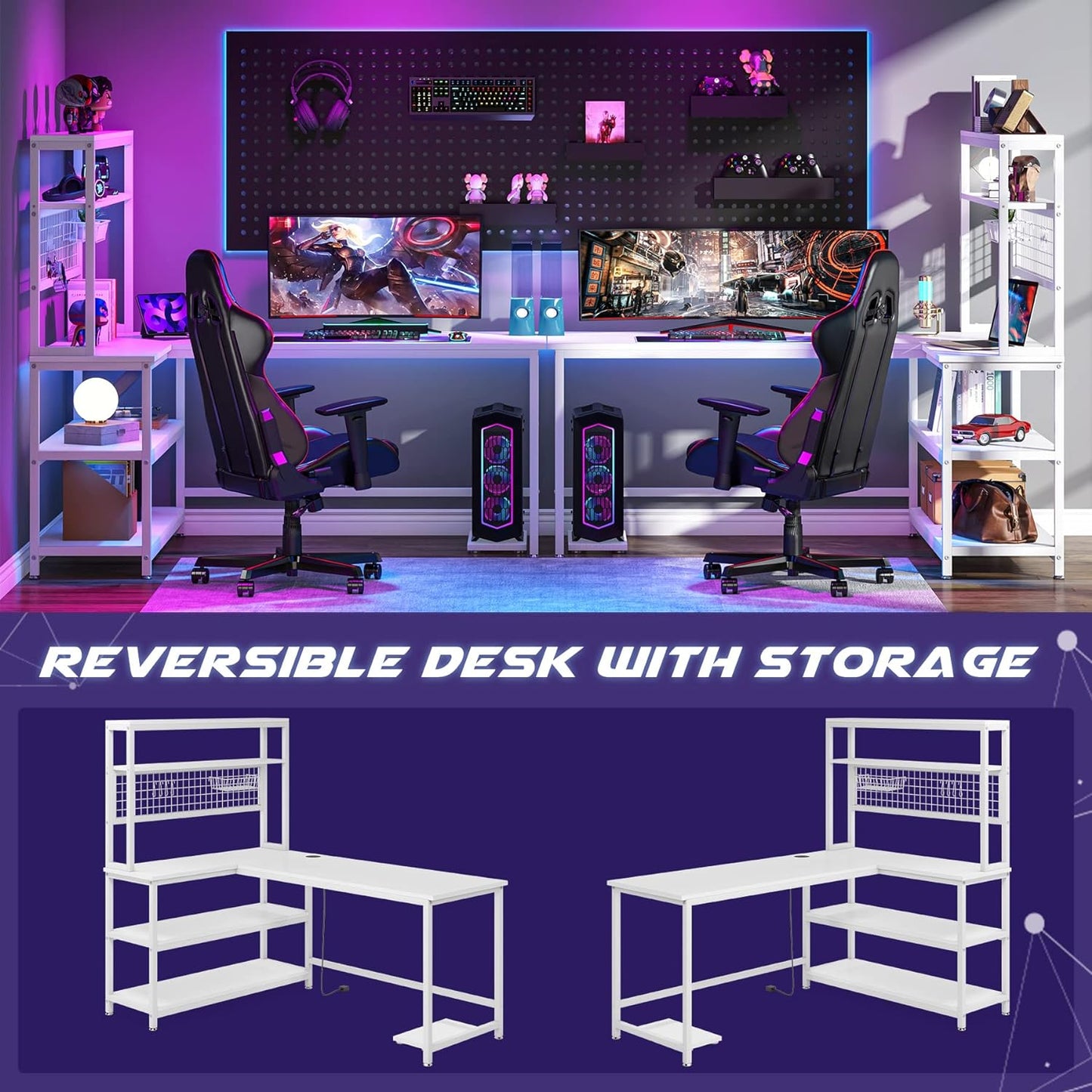 Tribesigns 55" Large Computer Desk with Wireless Charging 5 Storage Shelves, Office Desk Study Table Writing Desk Workstation with Hutch Bookshelf for Home Office (All White)