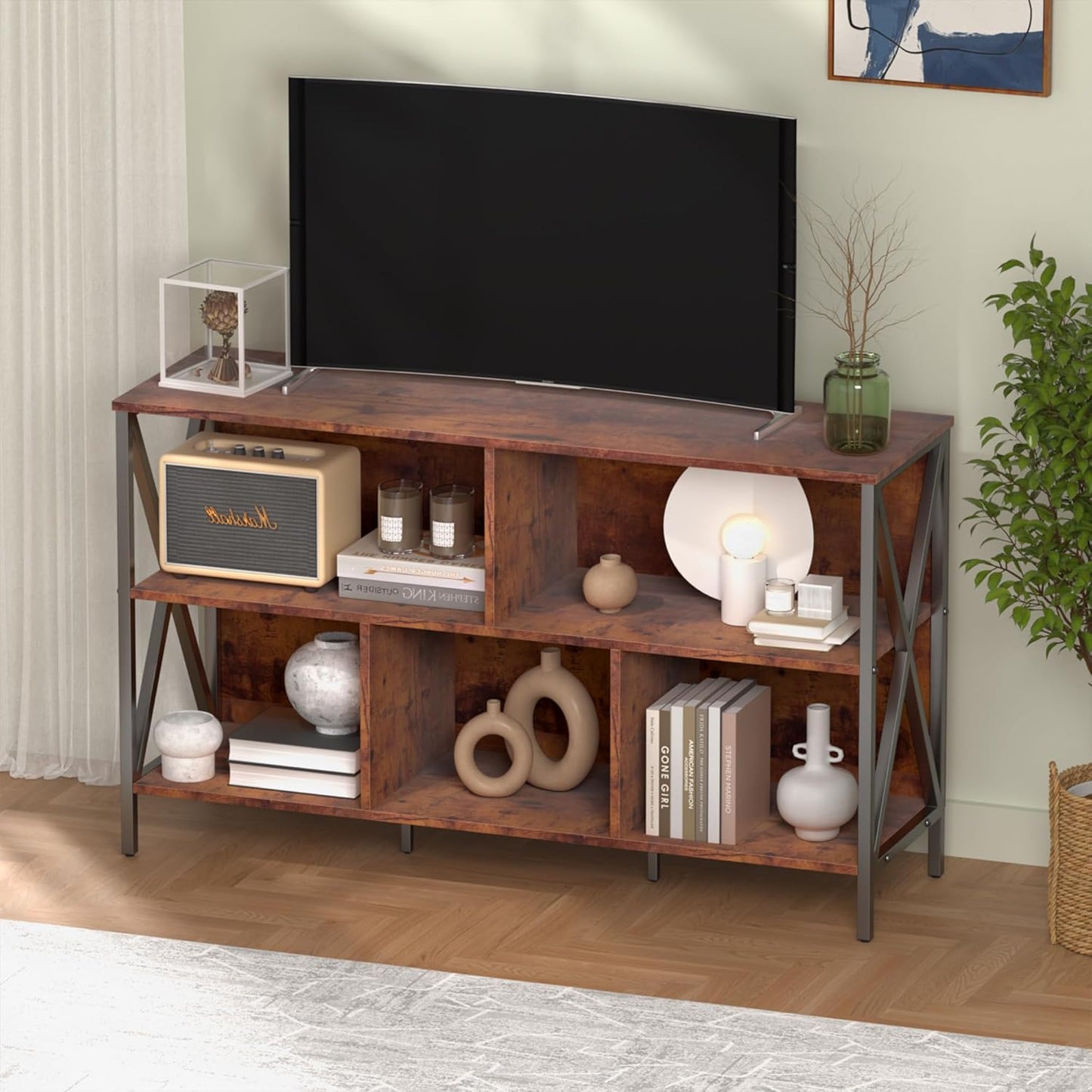 5 Cube Storage Organizer Shelf,Industrial Horizontal Bookshelf,Short Wide Cubby Bookcase,Low Large Book Shelf Metal Storage Organizer Open Shelf for Bedroom Living Room,Home,Office,47 in(Brown,5 Cube)