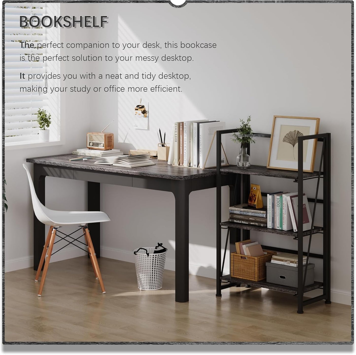 4NM No-Assembly Folding Bookshelf Storage Shelves 3 Tiers Vintage Bookcase Standing Racks Study Organizer Home Office (Gray Black)