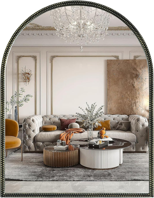 WallBeyond Black Vintage Mirror for Vanity 28x36 Inch, Gold Antique Mirror with Ornate Beaded Frame for Bathroom, Living Room, Fireplace, Entryway
