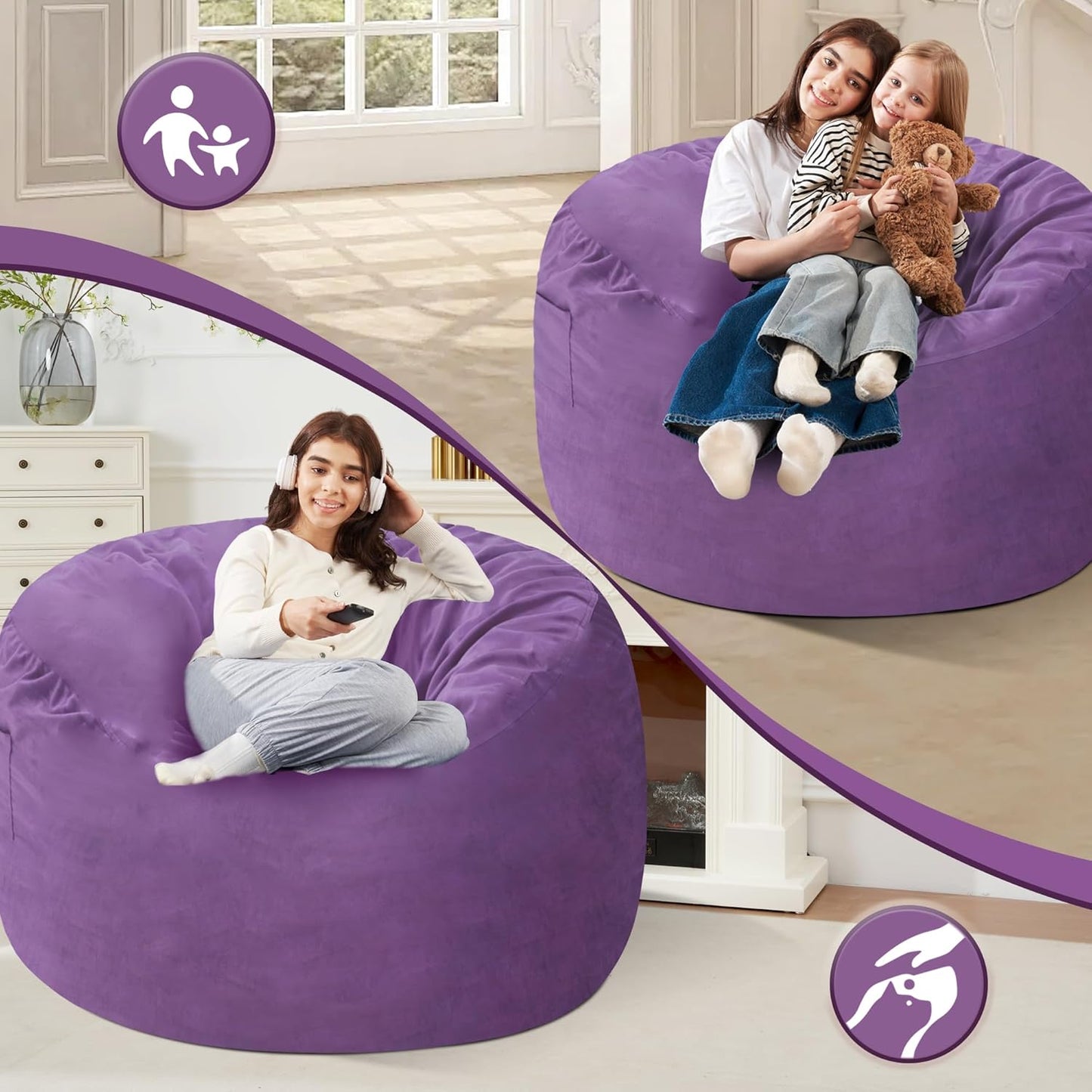 Homguava 4 FT Bean Bag Chair: 4' Bean Bags with Memory Foam Filled, Large Beanbag Chairs Soft Sofa with Dutch Velvet Cover-Purple