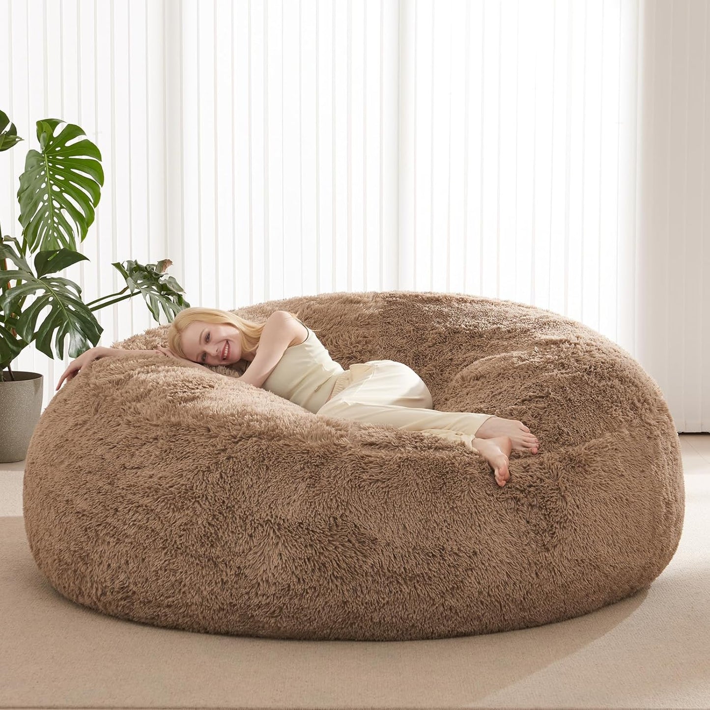 Big Bean Bag Cover Only, Washable Oversized Bean Bag Chairs Cover for Adults, Fluffy Plush Bean Bags Cover for Adults Teenagers without Filler Included, 7FT, Khaki