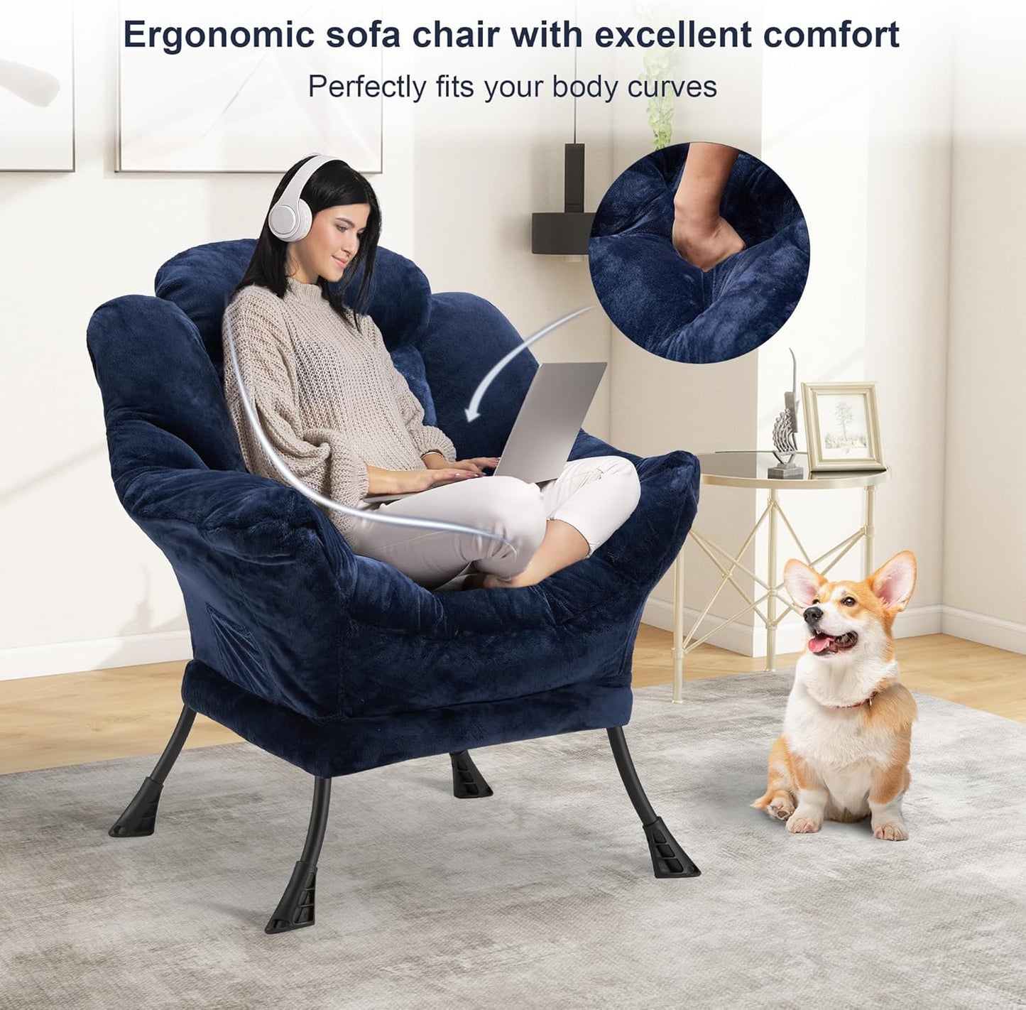 Fabric Lazy Chair for Adults, Oversized Upholstered Sofa Chair, Plush Comfy Lounge Chair with Large Side Storage Pocket, Thick Padded Reading Chair for Living Room, Bedroom, Office, Navy Blue