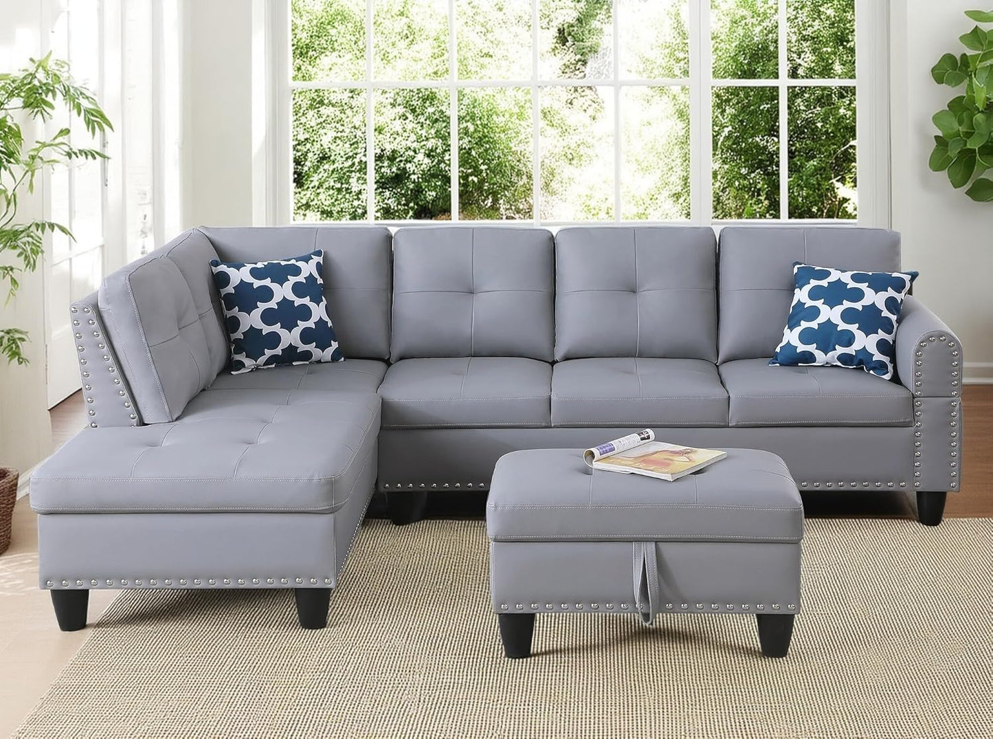 98 Inch L Shaped Sectional Sofa with Chaise Lounge, Storage Ottoman and 2 Pillows, 4-Seaters Faux Leather Upholstered Tufted Couch w/Cupholder & Nailhead Trim for Living Room, Office, Gray