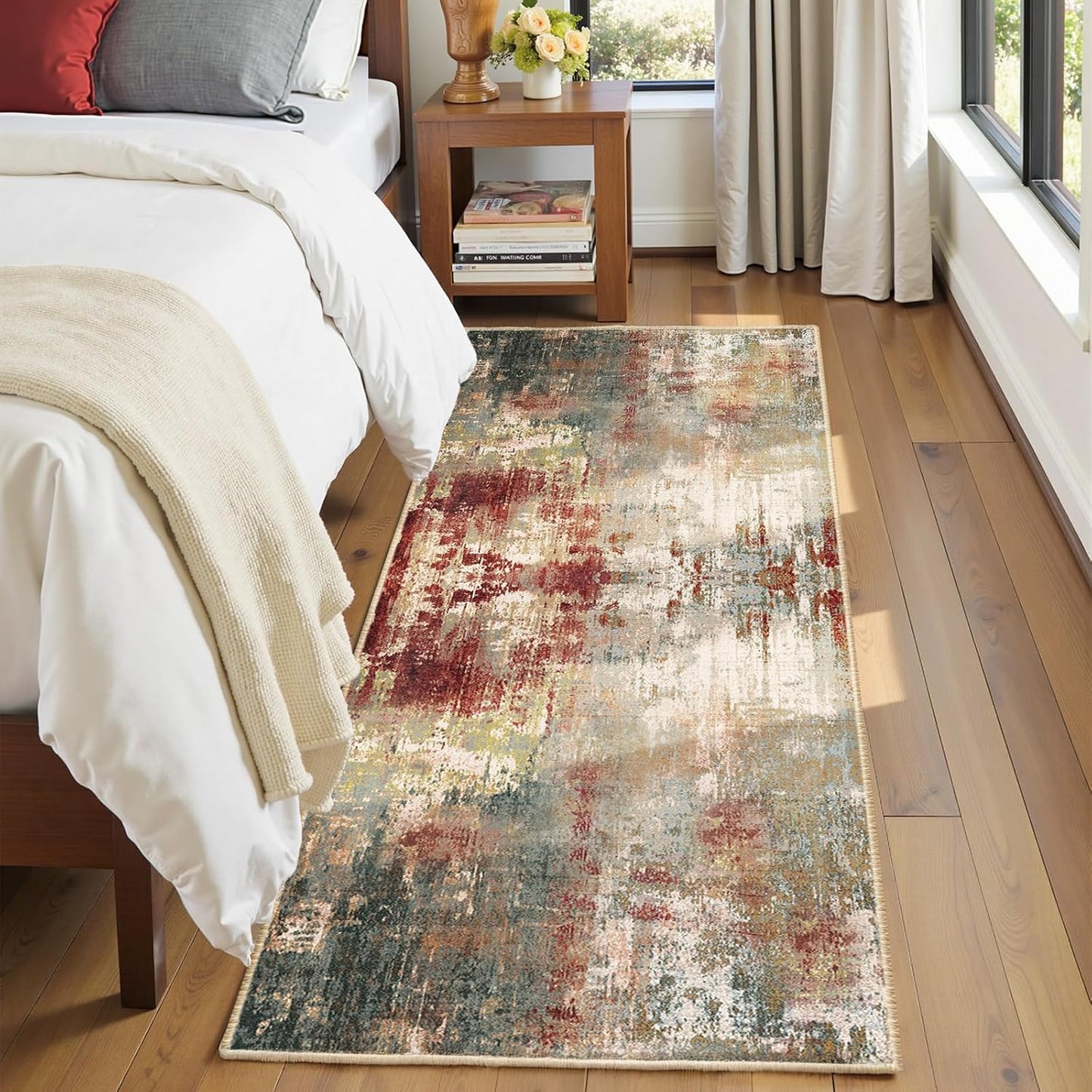 Washable Area Rugs 2'x10' Non-Slip Modern Abstract Soft for Living Room Entryway Bedroom Nursery, Print Pattern, Brown Rust Red Multi