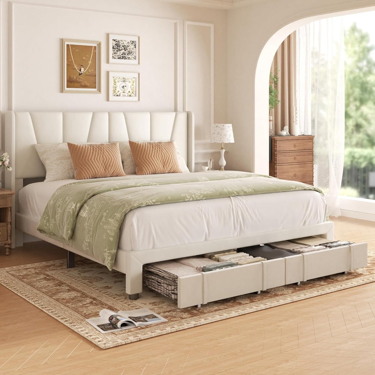 King Bed Frame with Storage Drawers, Upholstered Platform Bed with Headboard and Wingboard, No Box Spring Needed, NO Noise, Easy Assembly, Wooden Support Slats, Beige