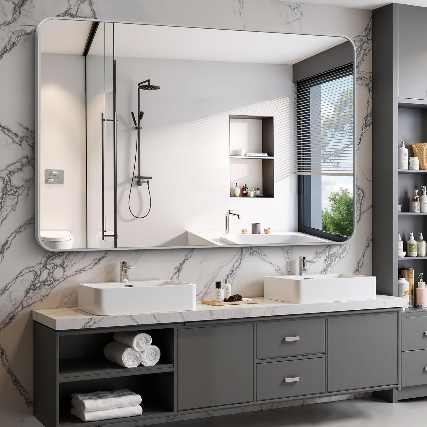 60x40 Inch Silver Bathroom Mirror, Large Rectangle Mirror, Metal Framed Rectangular Vanity Mirror, Rounded Corner Wall Mounted Mirror for Living Room Bedroom Entryway Horizontal or Vertical