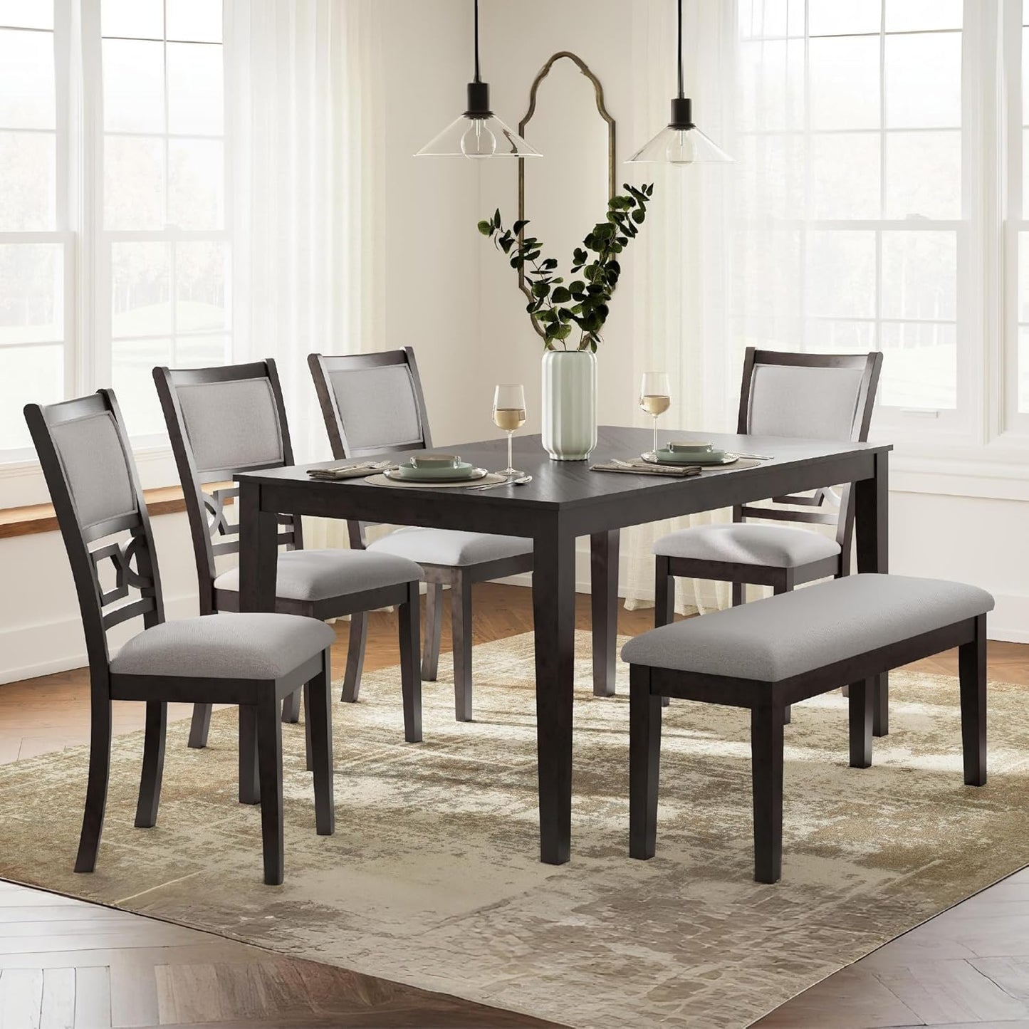 Signature Design by Ashley Langwest Transitional Diamond Patterned Dining Table with 4 Upholstered Chairs and Bench, Set of 6, Dark Brown & Beige
