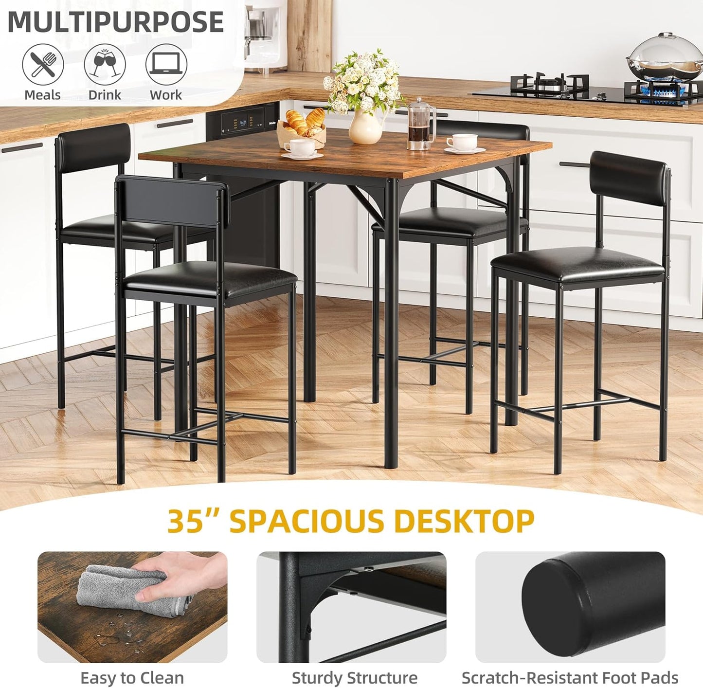 DWVO 5-Piece Dining Room Table Set Bar Table and Chairs Set Counter Height Dining Table Set Industrial High Top Kitchen Table with 4 Barstools for Kitchen Living Room Restaurant Bar Small Spaces Brown