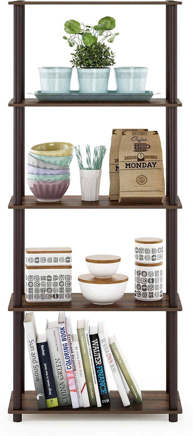 Furinno Turn-N-Tube 5-Tier Multipurpose Shelf / Display Rack / Storage Shelf / Bookshelf, Round Tubes, Walnut/Brown