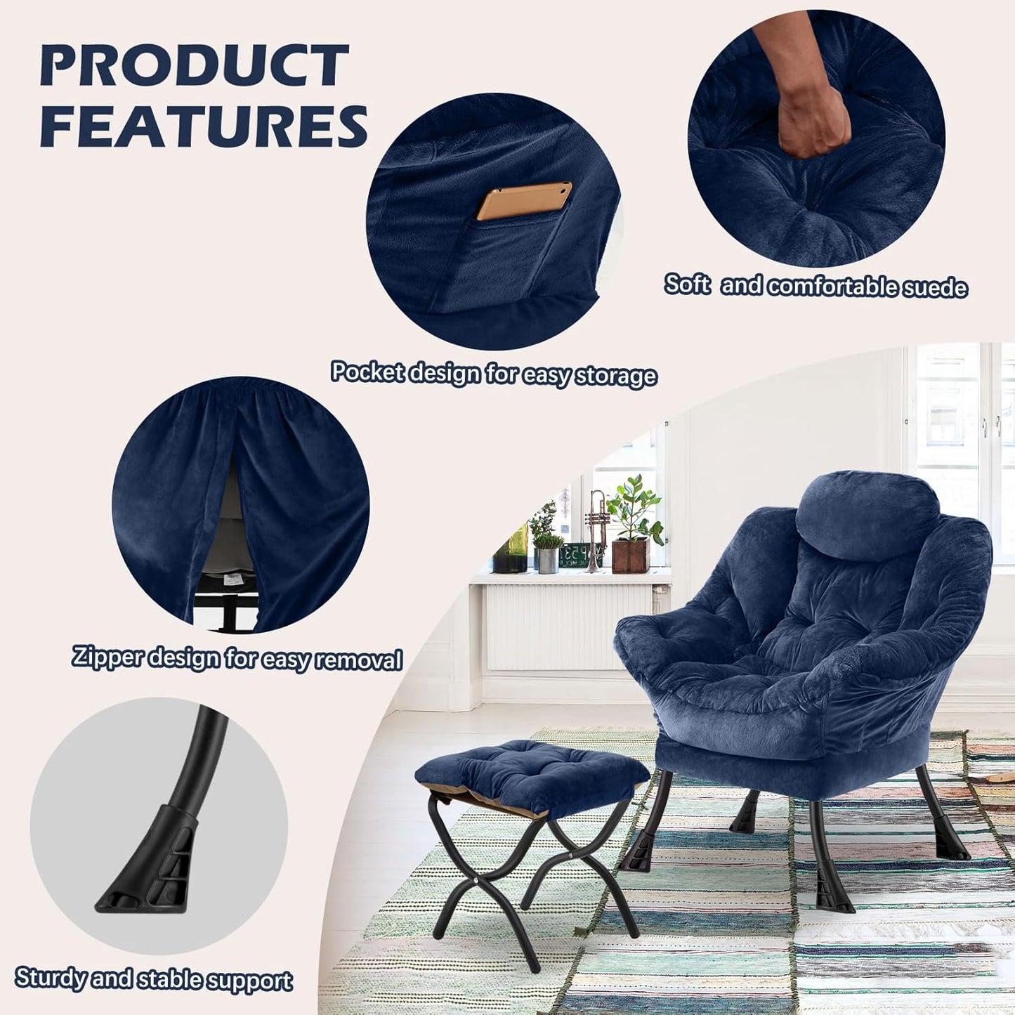 Lazy Chair with Folding Ottoman,Leisure Sofa Chair,Soft Fabric Armchair with Armrests and Side Pockets, Reading Chair with Footrest for Living Room, Bedroom, Office (Plush Navy)