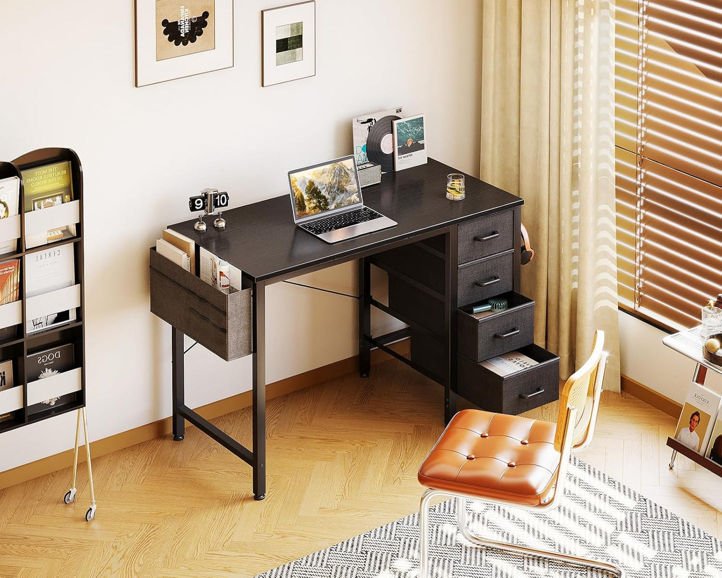 Casaottima 32-Inch Small Computer Desk with 4 Fabric Drawers — Home Office Desks with Storage, Writing Desk with Side Hook and Cloth Bag, Modern Study/Work Table for Bedroom and Small Space, Black