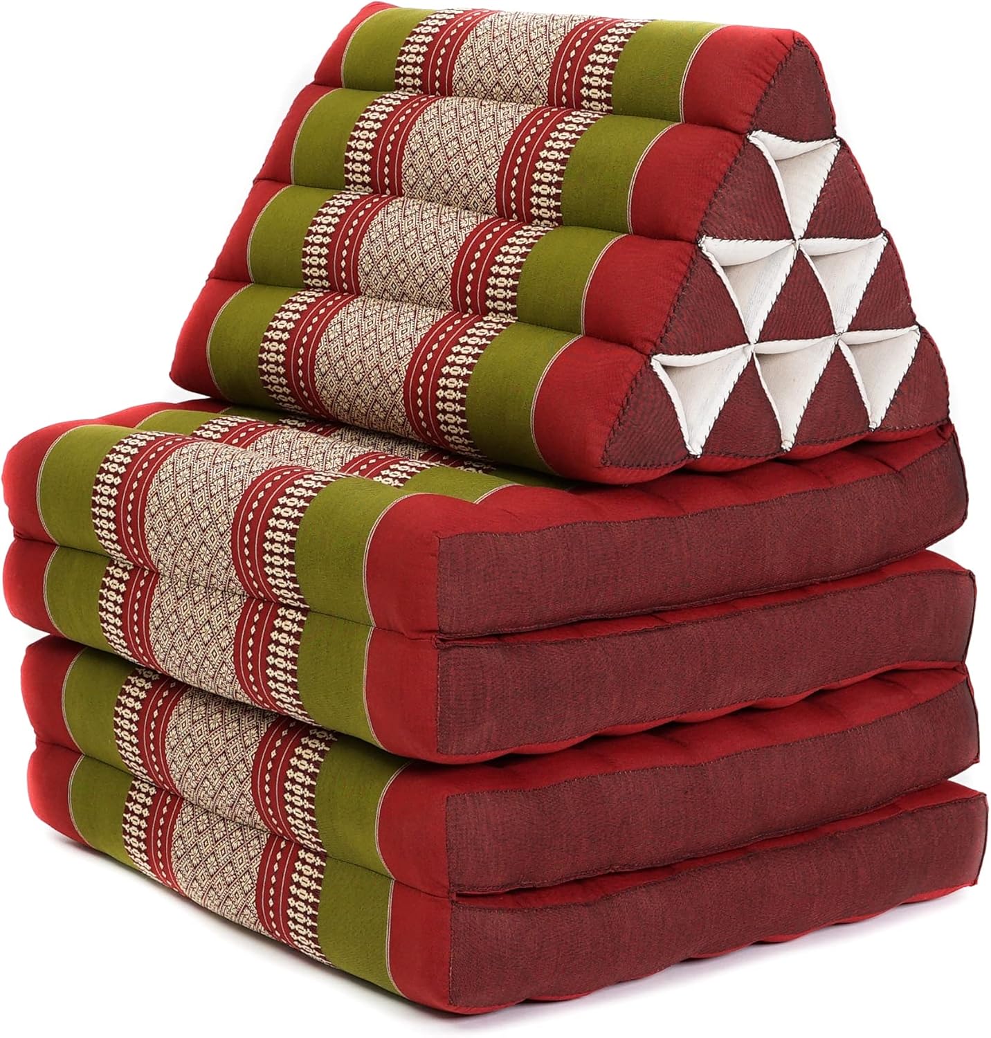 Leewadee Comfortable Japanese Floor Mattress - Thai Floor Bed with Triangle Cushion - Futon Mattress - XL Extra Long Thai Massage Mat, 89 x 20 inches, Green Red, Kapok Filling