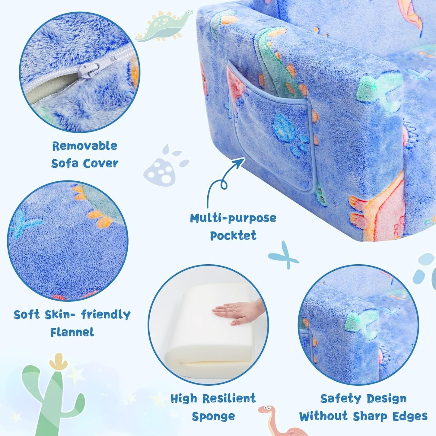 Toddler Chair Comfy,2-in-1 Soft Toddler Couch Fold Out for Kids,Convertible Sofa to Lounger,Gift for Girls and Boys Birthday,Dinosaurs,Medium