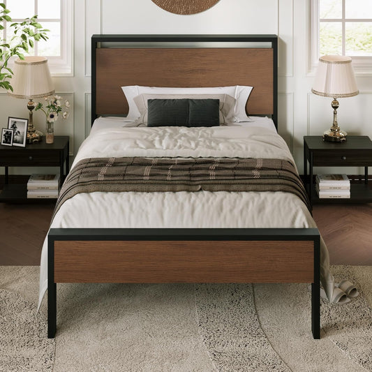 Allewie Twin Size Platform Bed Frame with Wooden Headboard and Footboard, Heavy Duty Metal Slats Support, No Box Spring Needed, Under-Bed Storage, Noise Free, Easy Assembly, Walnut