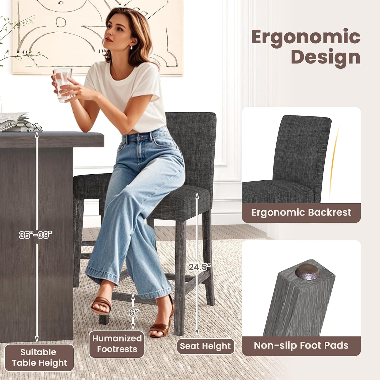 COSTWAY Upholstered Counter Height Stools Set of 4, Bar Stools w/Ergonomic Backrest, Solid Wood Frame, 24.5” Fabric Counter Height Chairs for Kitchen Island, Dining Room, Pub (Grey)