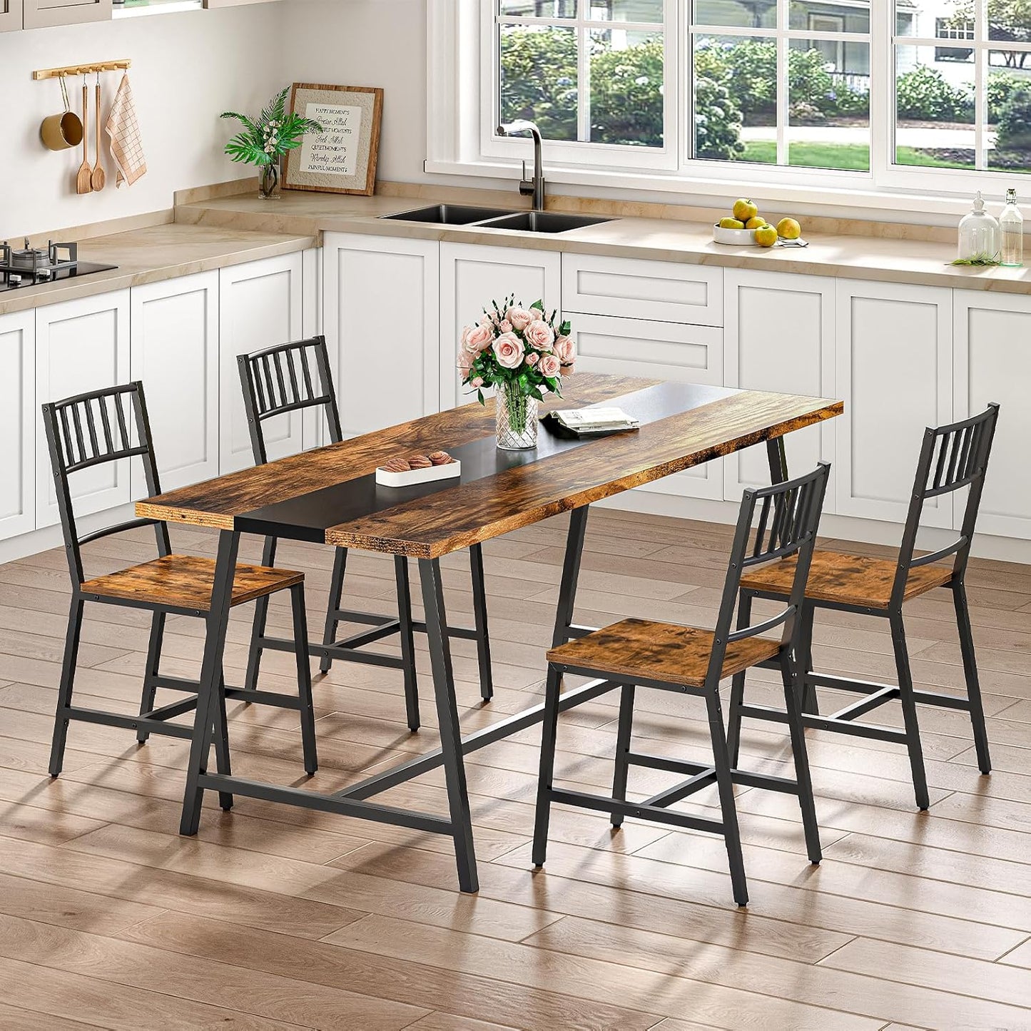 HOOBRO Kitchen Chairs Set of 2, Wooden Dining Room Chairs with Metal Frame, Dining Chairs with Back, Easy to Assemble, Farmhouse Dining Chairs for Kitchen, Living Room, Rustic Brown and Black BF39CD01