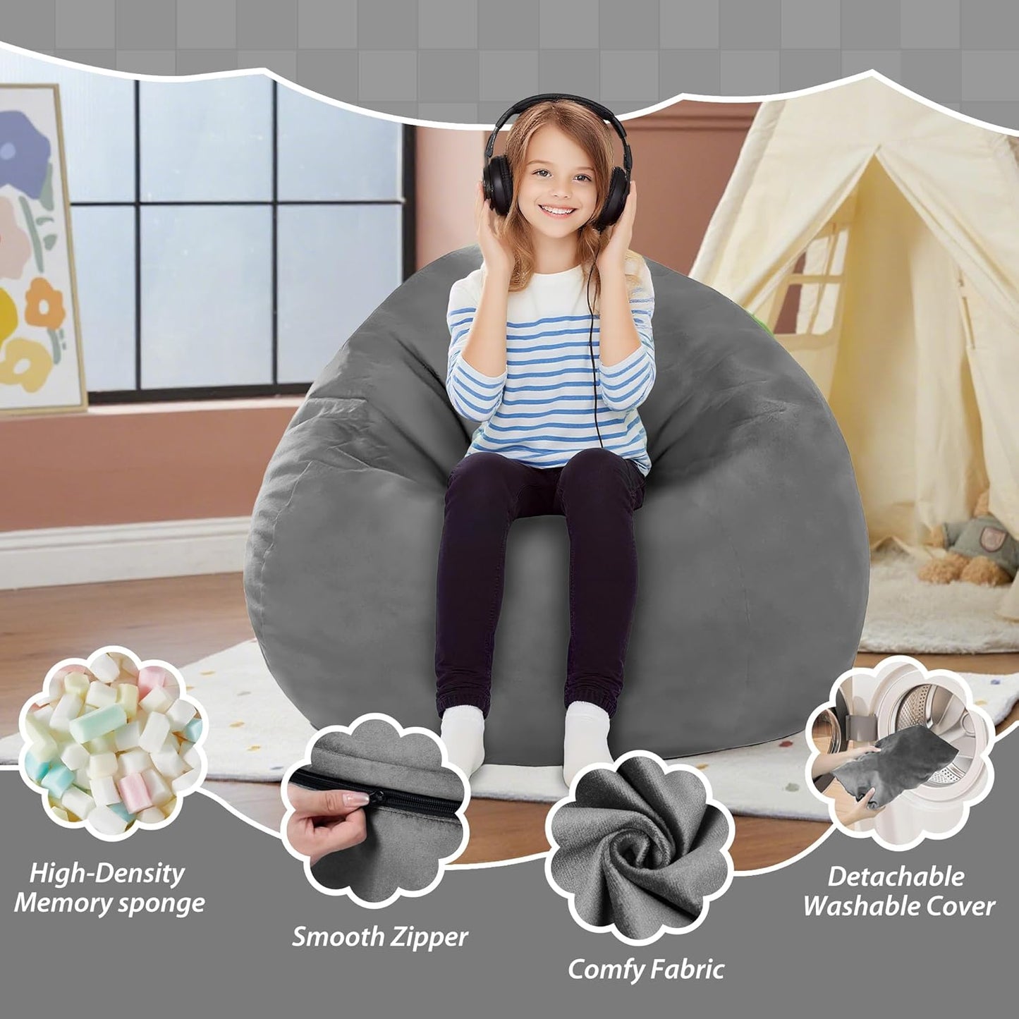 2FT Bean Bag Chair with Ultra Soft Velvet Cover Bean Bag Sofa with Memory Foam Bean Bag Chairs with Large Size Lazy Sofa for Dorm Office Living Room Bedroom Grey 2'