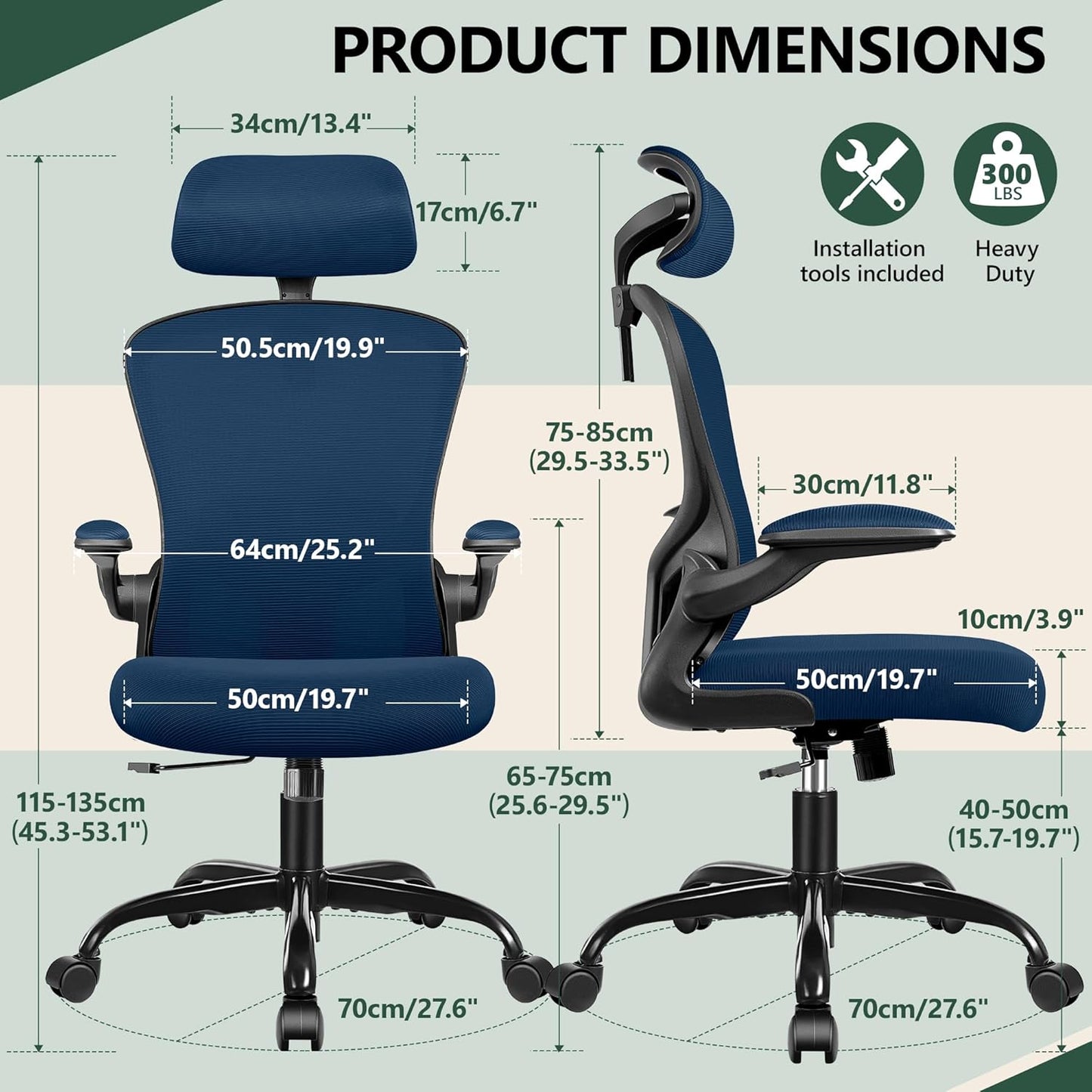 FelixKing Ergonomic Office Desk Chair with Headrest, Wheels, Adjustable Lumbar Support and Height, Swivel Comfy Task Chair with Flip-up Armrests, Ergo Mesh Backrest for Working (Navy)