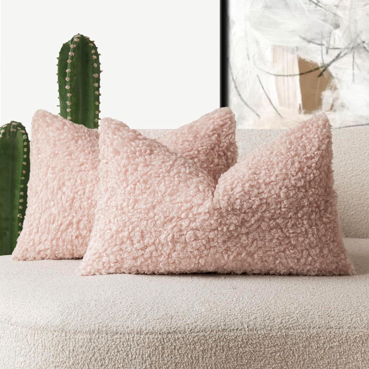 Foindtower Set of 2 Curly Teddy Wool Pillow Covers Decorative Boucle Textured Lumbar Throw Pillow Faux Fur Sherpa Pillowcases Sheepskin Fuzzy Cushion Case for Sofa Bedroom Car 12"x20" Light Pink