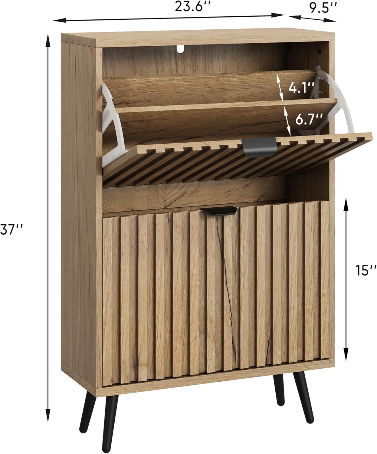 Smuxee Shoe Cabinet with 2 Flip Drawers, 23.6" Natural Hidden Shoe Storage Cabinet with Fluted Design, Freestanding Shoe Organizer Cabinet for Entryway, Hallway, Closet, Living Room