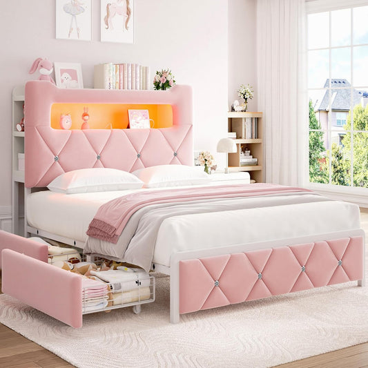Full Upholstered LED Bed Frame with 2 Storage Drawers and 2-Tier Storage Headboard, Velvet Princess Platform Bed with Charging Station & Bookcase, Corner Bed Frame, Heavy Duty Metal Support, Pink