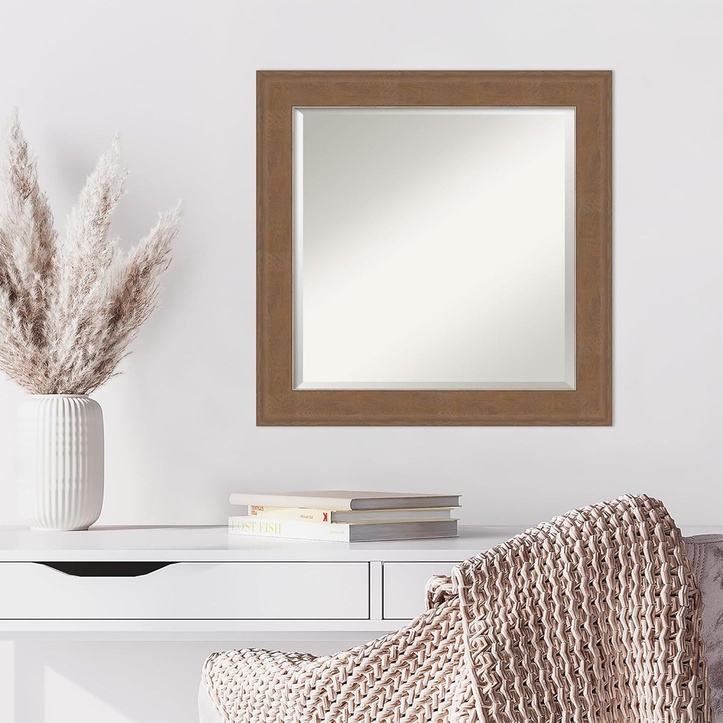 Amanti Art Brown Wall Mirror 25x25 Alta Medium Brown Square Bathroom Mirror for Wall Decor Living Room, Medium Rustic Farmhouse Frame, Hangs Horizonally and Vertically, Bathroom Decor, Beveled Edge