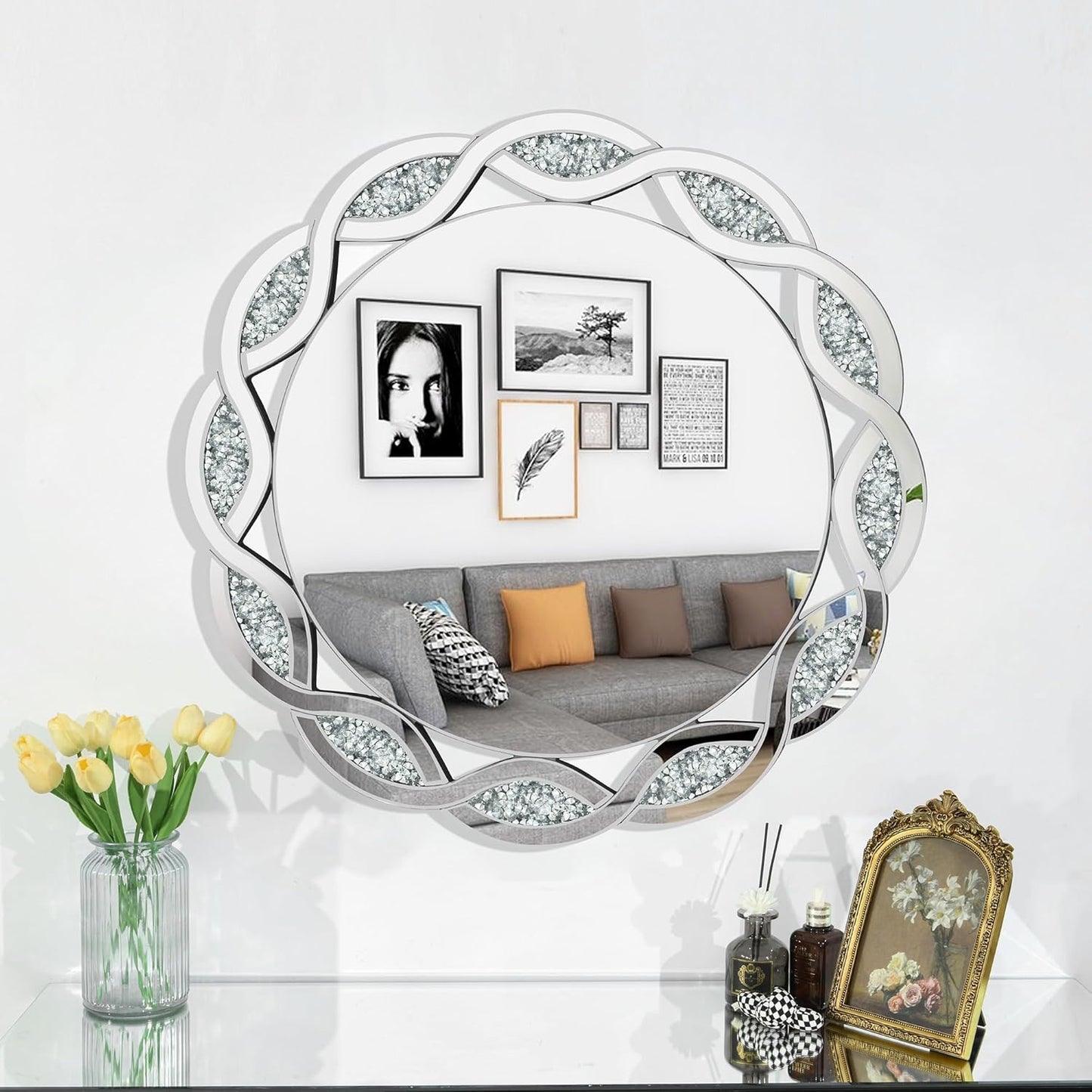 Crystal Decorative Mirror-32 x32 Gorgeous Silver Mirror Crush Diamond Mirror for Wall Decoration Bedroom Bathroom Dining Room and Living Room