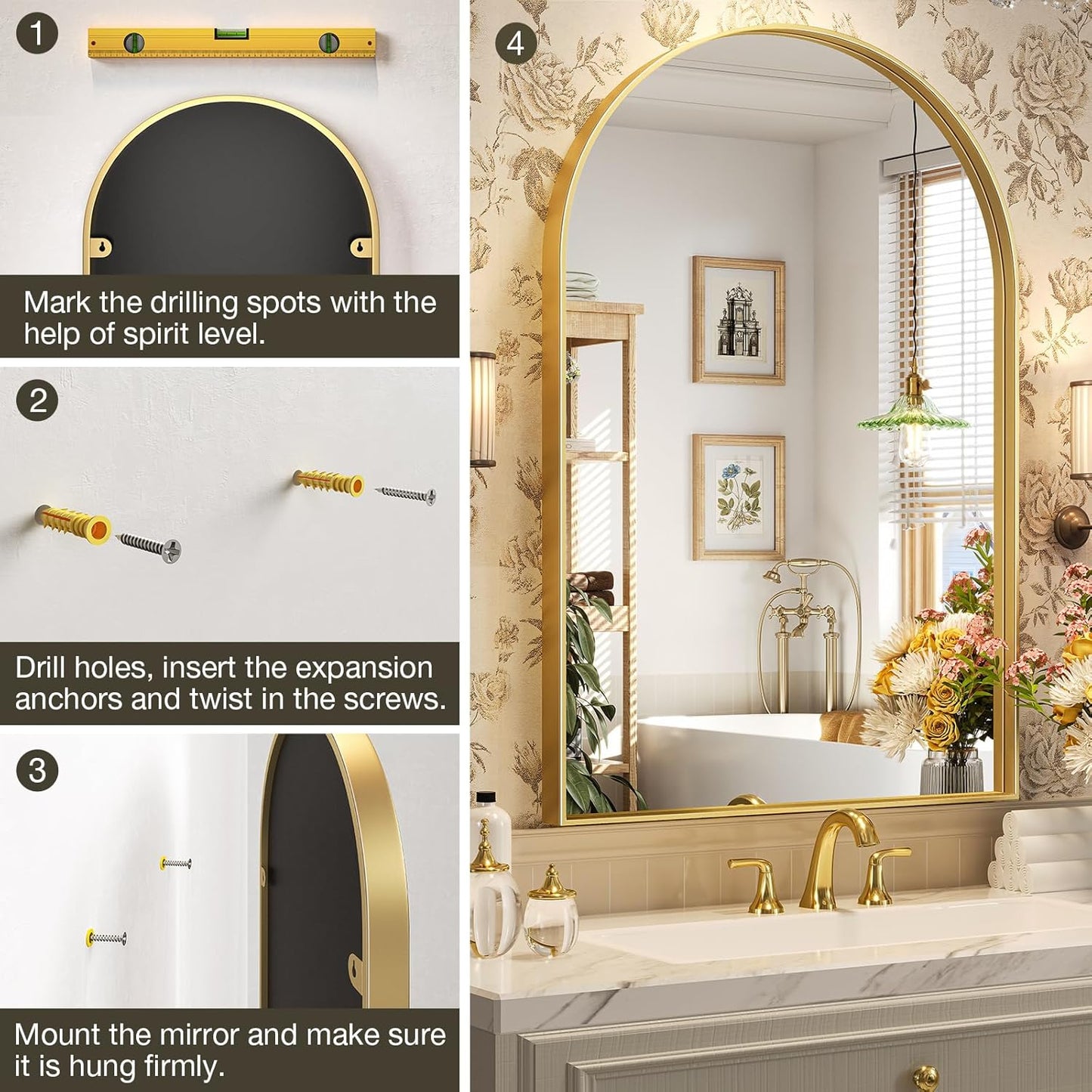 Brightify Arched Mirror, Arched Wall Mirror, 24 x 40 Inch Gold Arch Mirror, Metal Frame Gold Bathroom Mirror, Arched Top Bathroom Vanity Mirror for Living Room Bedroom Mantel Entryway Hallways
