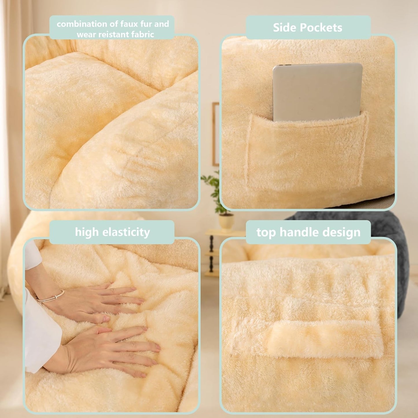 Bean Bag Sofa Chair for Adults, Beanbag Couch for Reading, Gaming, Relaxing, Soft and Durable Cover Lazy Sofa, Beige