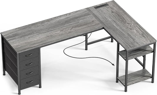 Huuger 63 Inch L Shaped Desk with Fabric Drawers, Reversible Computer Gaming Desk with Power Outlets and USB-C Port, Adjustable Side Storage Shelves, for Work Study Corner Home Office, Grey